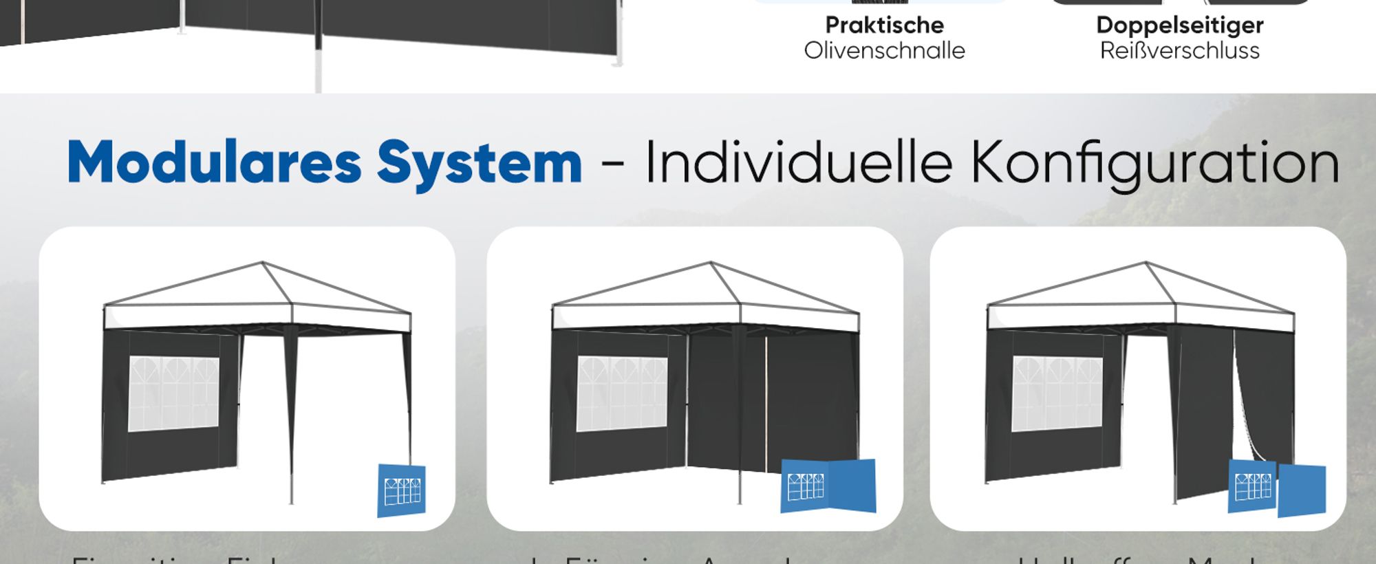 Sekey 2 Seitenteile für 3x3 /3x6m/3x9m pavillon mit Reißverschluss und Fenster, Schwarz
