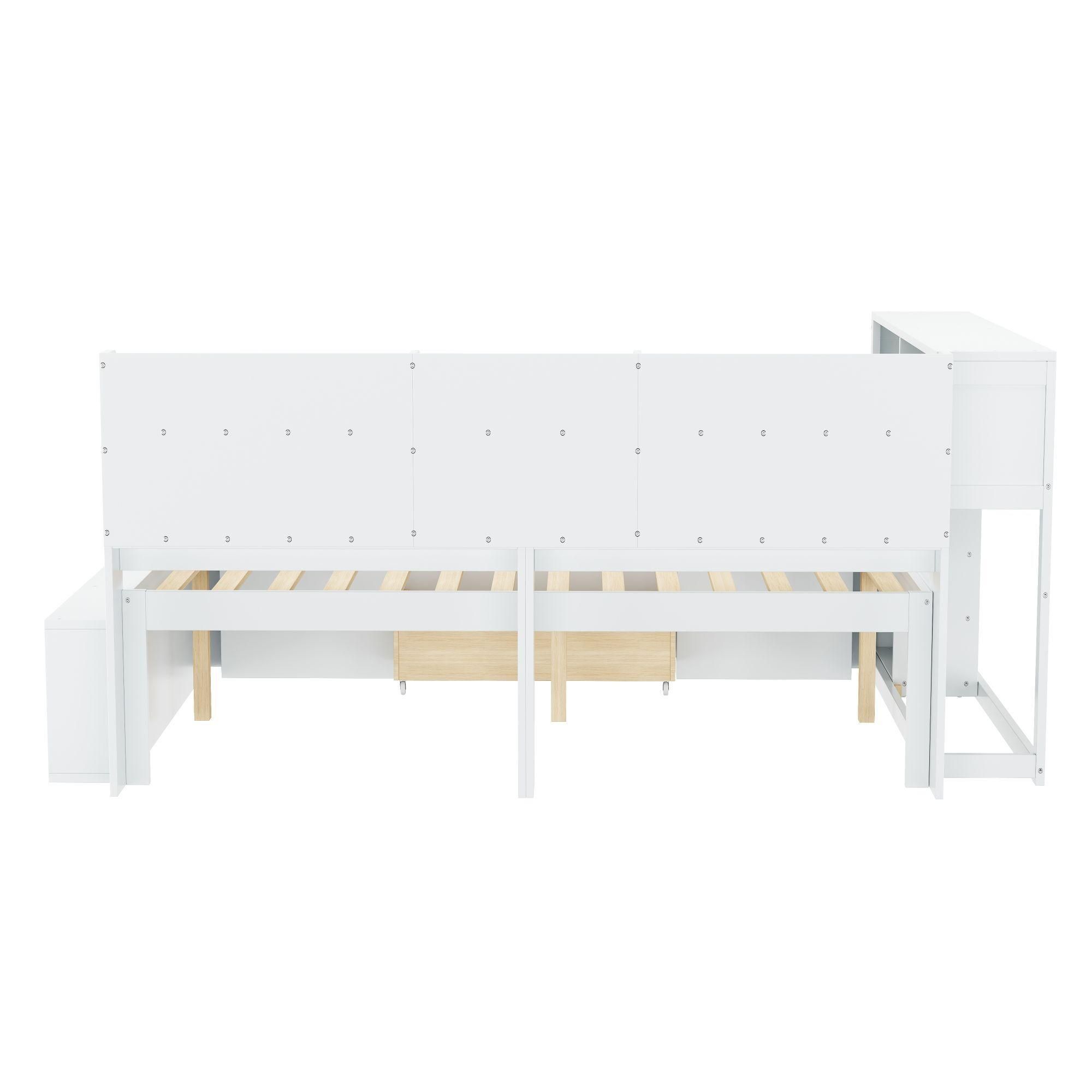 Flieks Holzbett Klassisches Bett Stauraumbett 90x190cm mit Ausziehbarem Schrank, Einzelbett Jugendbett mit Staufach, Kinderbett mit Lattenrost, Weiß