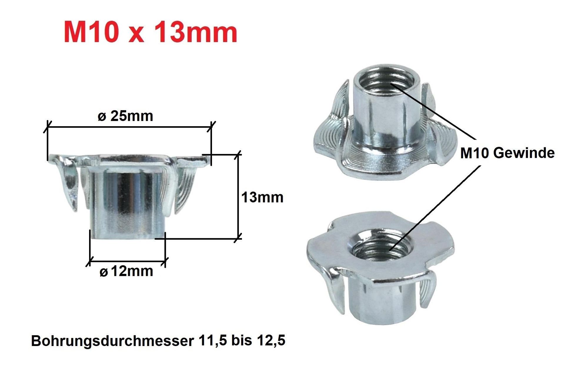 Einschlagmutter M10 x 13 mm verzinkt – 4 Einschlagspitzen – 100 Stück