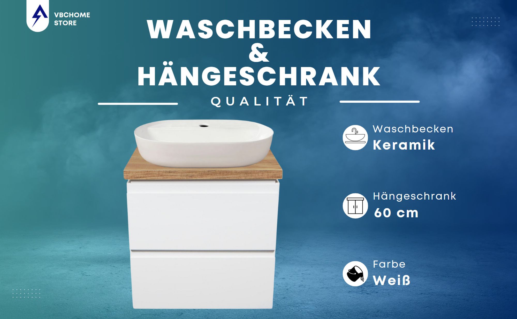 VBChome Badmöbel 60 cm Weiß Aufsatzwaschbecken mit Hahnloch 60x40 cm Aufsatzwaschtisch mit Waschbeckenunterschrank 2 Schubladen Badezimmerschrank
