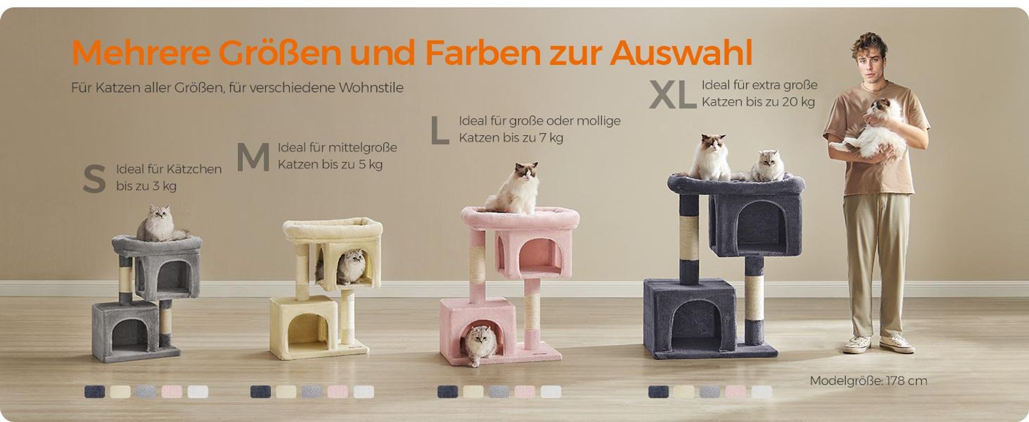 Feandrea Kratzbaum, 74 cm Katzenbaum, M, Katzenhaus für mittelgroße Katzen bis zu 5 kg, große Plattform, 2 Katzenhöhlen, Sisalstämme, beige PCT612M01
