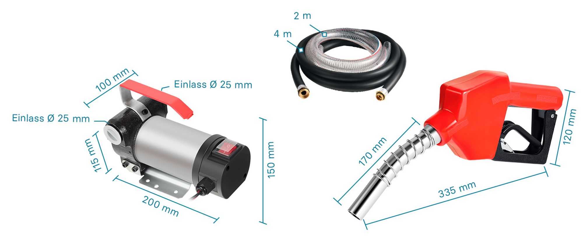 Wiltec  Dieselpumpe 12 V, 150 W, 40 l/min, Heizölpumpe selbstansaugend, Absaugpumpe für Diesel, Biodiesel, Heizöl, tragbare mobile Umfüllpumpe mit Zapfpistole und Schläuchen