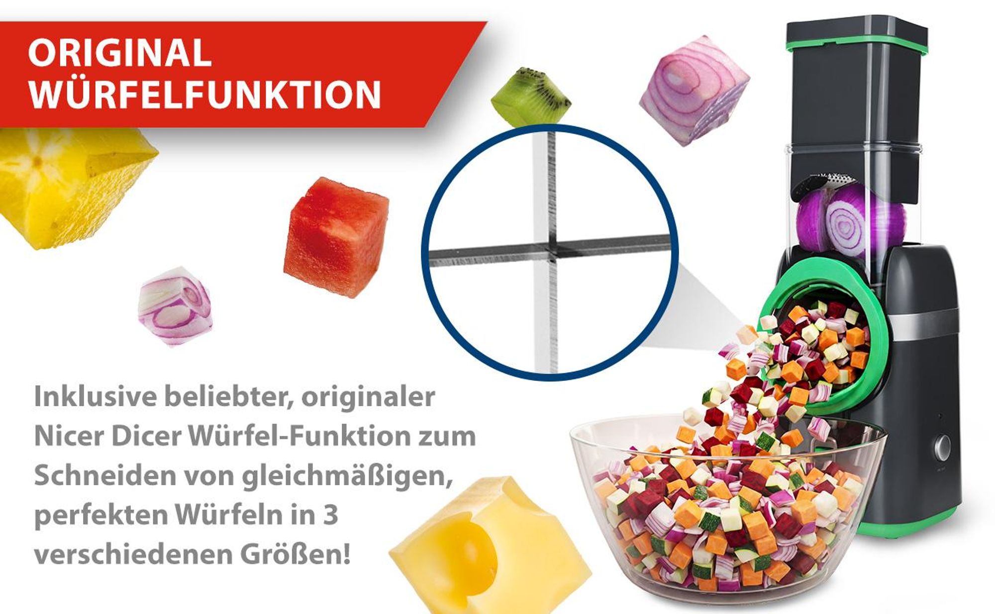 Genius Nicer Dicer Electro Gemüseschneider Deluxe Set 32 tlg, elektrische Gemüsehobel für Würfel, Scheiben, Julienne, Küchenreibe Multizerkleiner