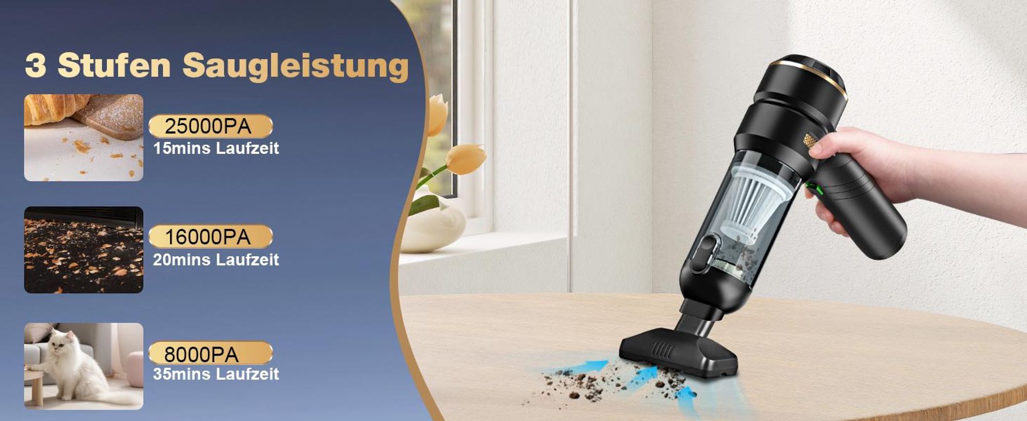 Handstaubsauger Akku 4-in-1,Auto Staubsauger ,25000PA Handstaubsauger Kabellos,3-Gang Bürstenlos staubsauger für Auto,PC,Sofa,Haus& Tierhaar Reinigung