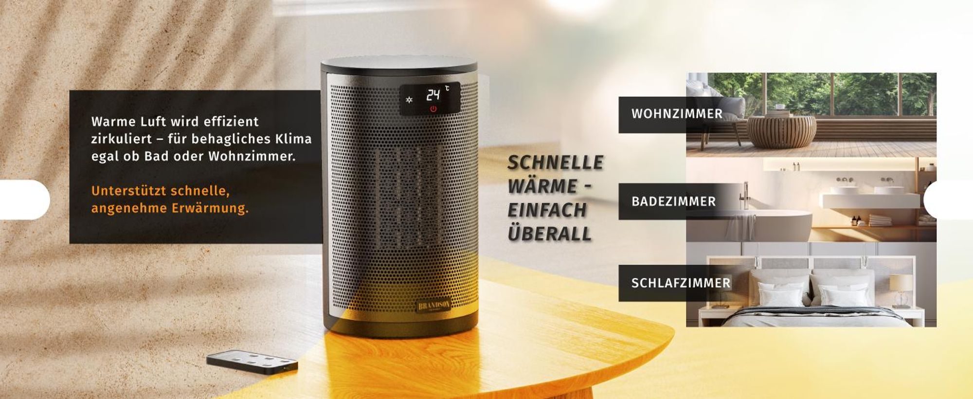 Brandson Heizlüfter energiesparend, Keramik Heizgerät, ECO‑Modus, Fernbedienung, 1500 W, Preisträger 2025, Timer, 15–35°C, Tastensperre, Überhitzungsschutz