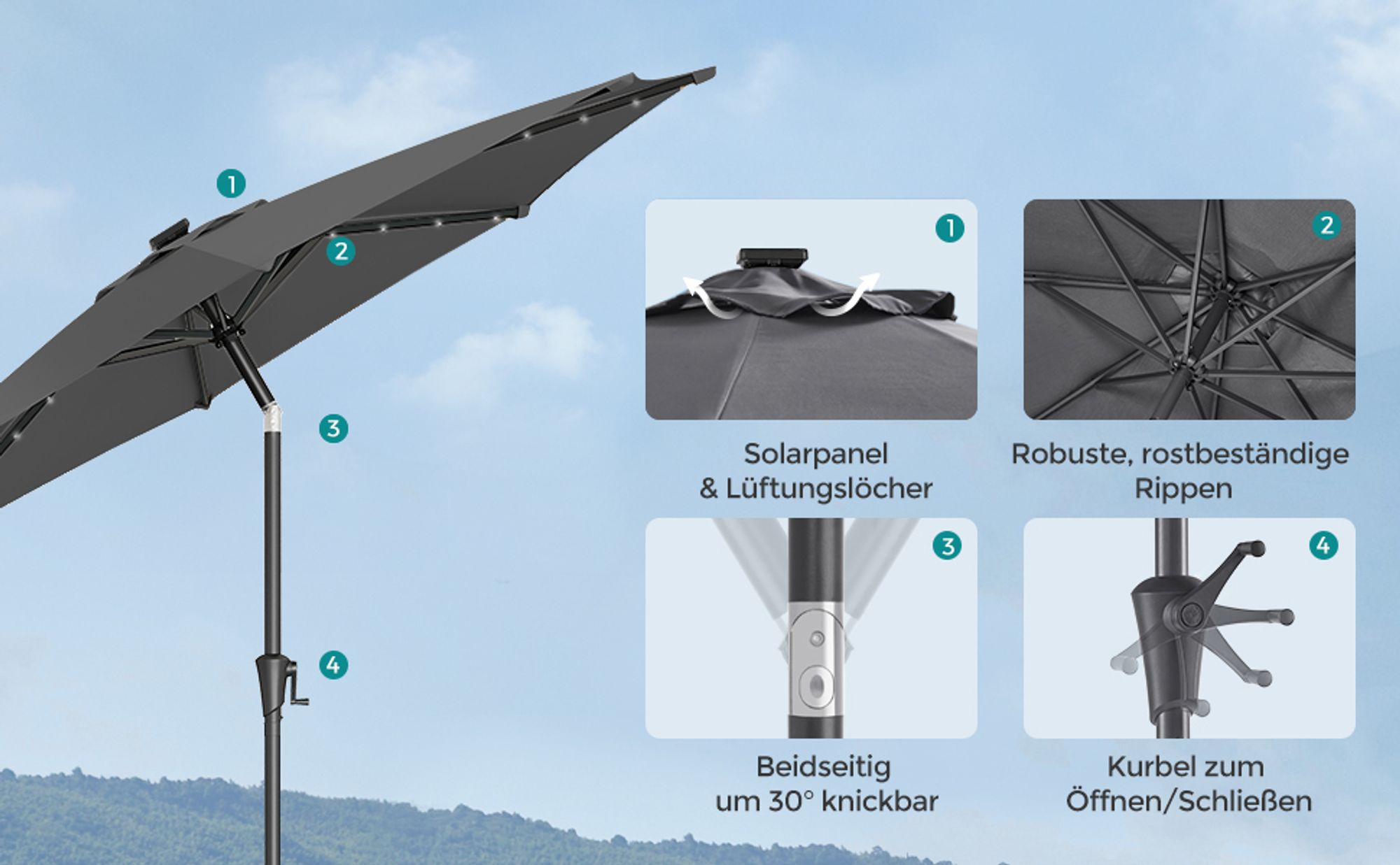 SONGMICS Sonnenschirm Ø 300 cm mit 32 LED-Lämpchen UV-Schutz