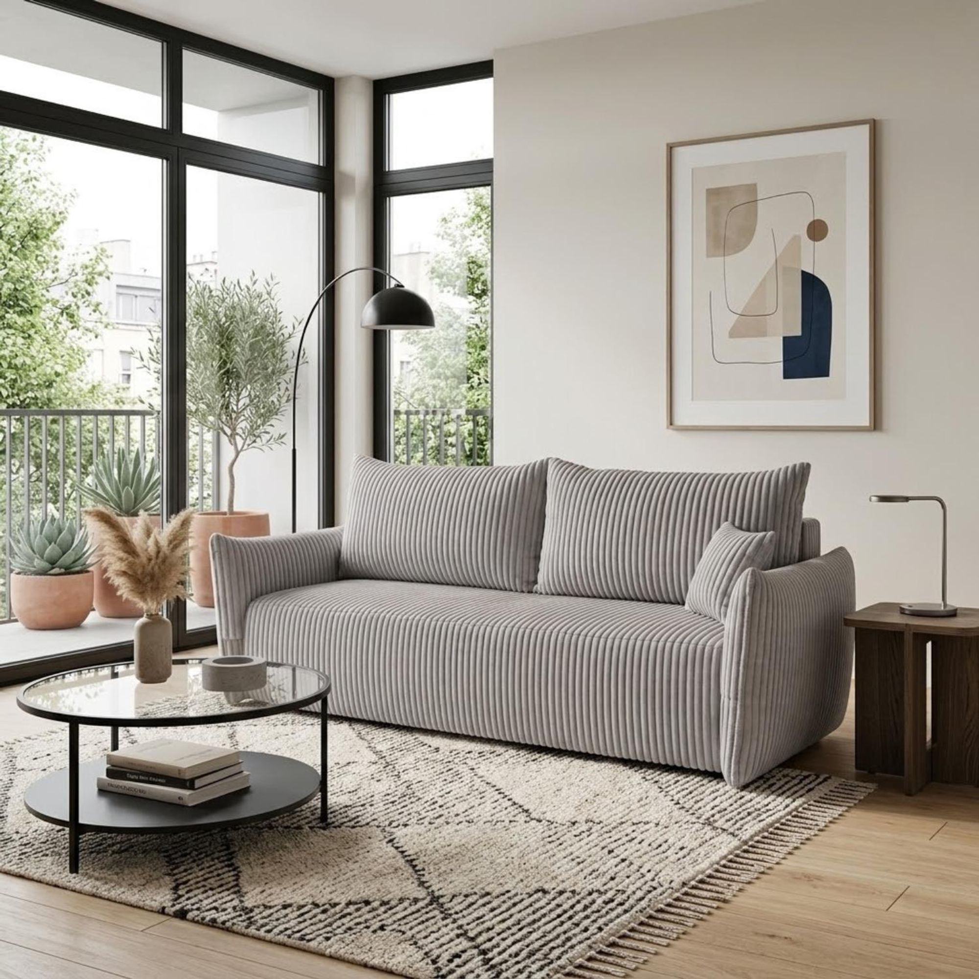 Sofa MELIO mit Schlaffunktion und Bettkasten – modernes Schlafsofa aus Cord für Wohnzimmer und Gästezimmer, bequemes 3-Sitzer Bettsofa, Hellgrau, Grau