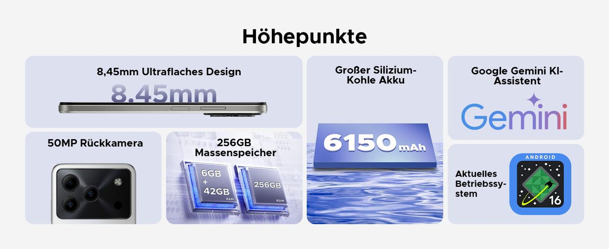 DOOGEE Note56 Plus Smartphone Handy, Android 16, 6,56" 90Hz, 6150mAh Akku, 48GB+256GB, 4G, 50MP, NFC, Fingerabdruck, Gesichtserkennung, ohne Vertrag