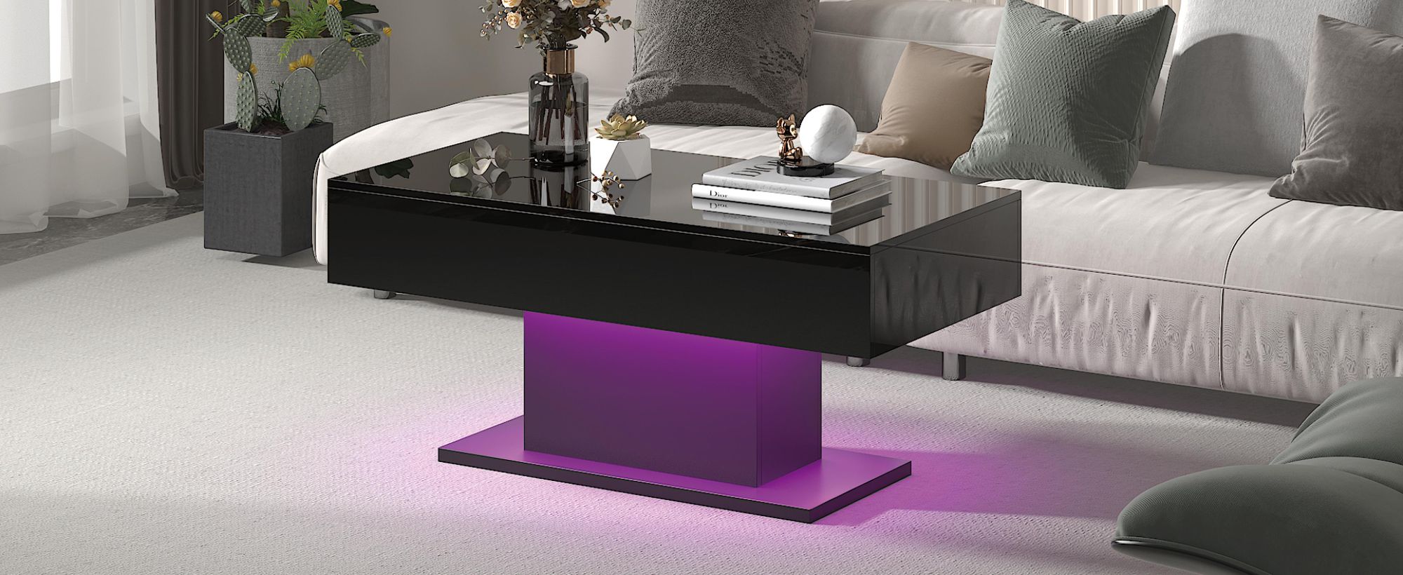 Radelldar Modern Couchtisch Wohnzimmertisch Hochglanz mit Beleuchtung, USB, 110x55x50cm, Schwarz
