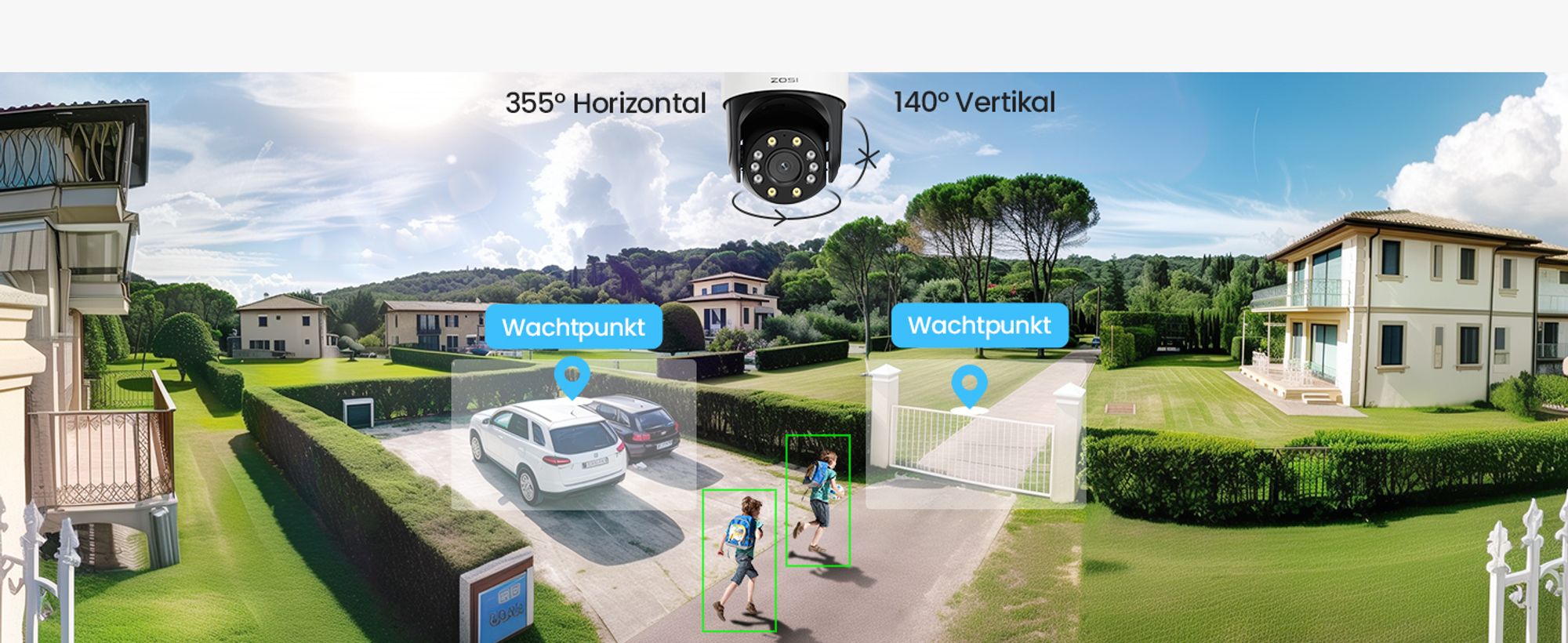 ZOSI 4MP+2MP Aussen WLAN Überwachungskamera mit Doppelobjektiv, 2.4GHz WiFi Pan/Tilt Kamera, 2-Wege-Audio, Personenerkennung und Verfolgung, C298 SE