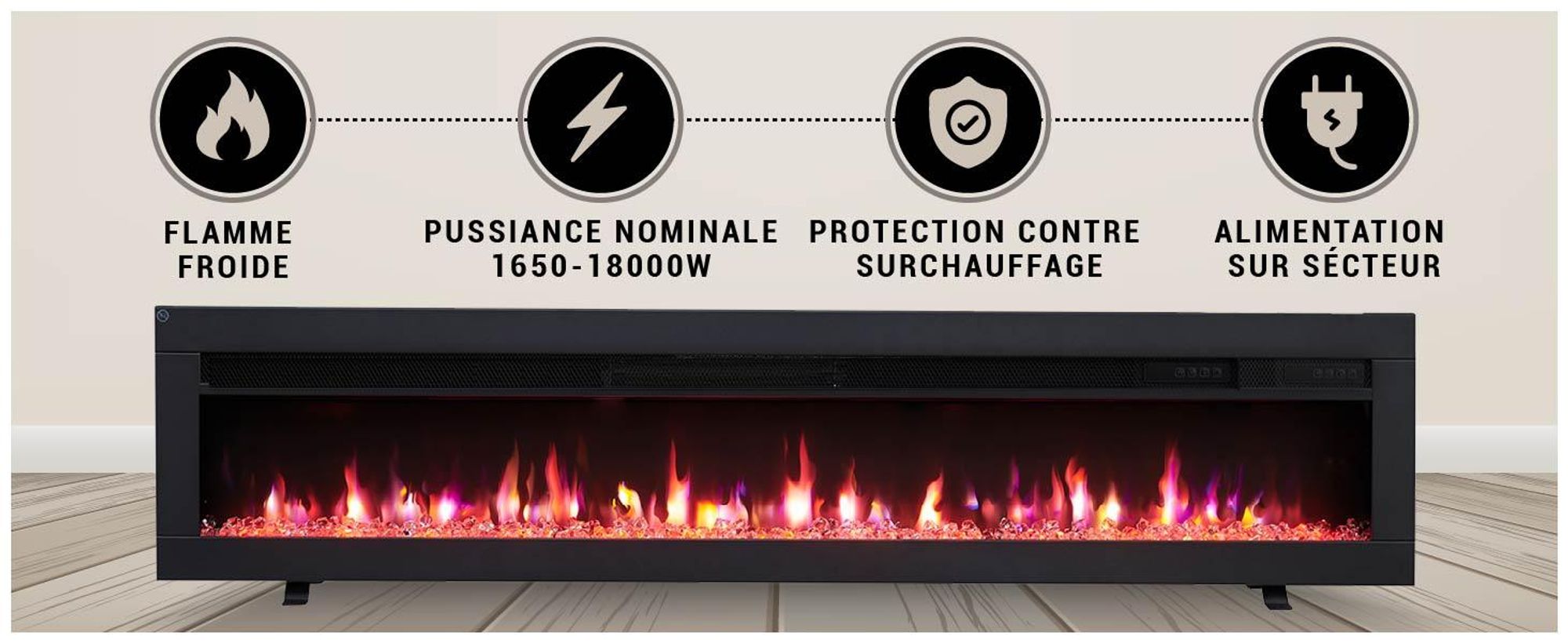 Cheminée électrique encastrable BALDERIA Agnes 60 – Puissance de chauffage jusqu'à 1 800 W, noire