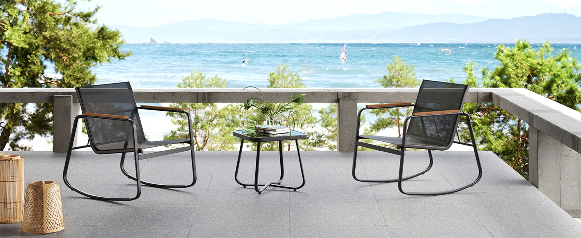 Songmics Gartenlounge-Set (3-tlg), Gartenmöbel-Set, Balkonmöbel, 2 Schaukelstühle mit Tisch