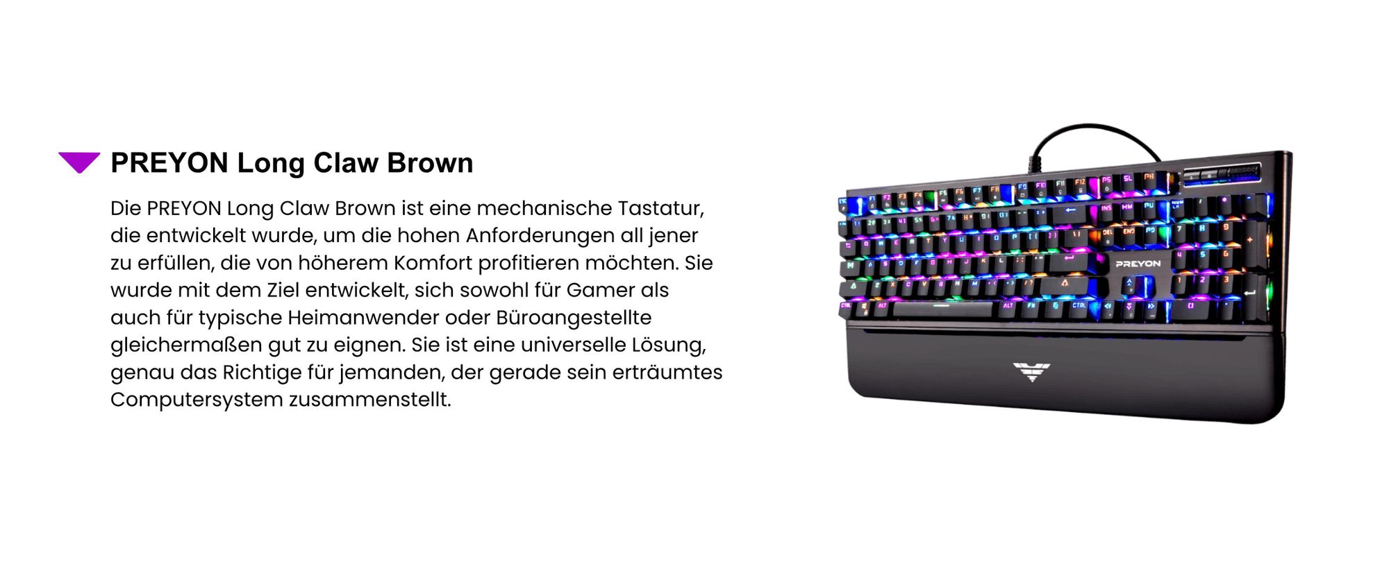 PREYON Long Claw Brown Tastatur Gaming-Tastatur - Handballenauflage - 104 Tasten - Gateron Brown Schalter - Aluminiumgehäuse - RGB-Beleuchtung - Beleuchtungsmodus - Software - USB-Durchgangsanschluss