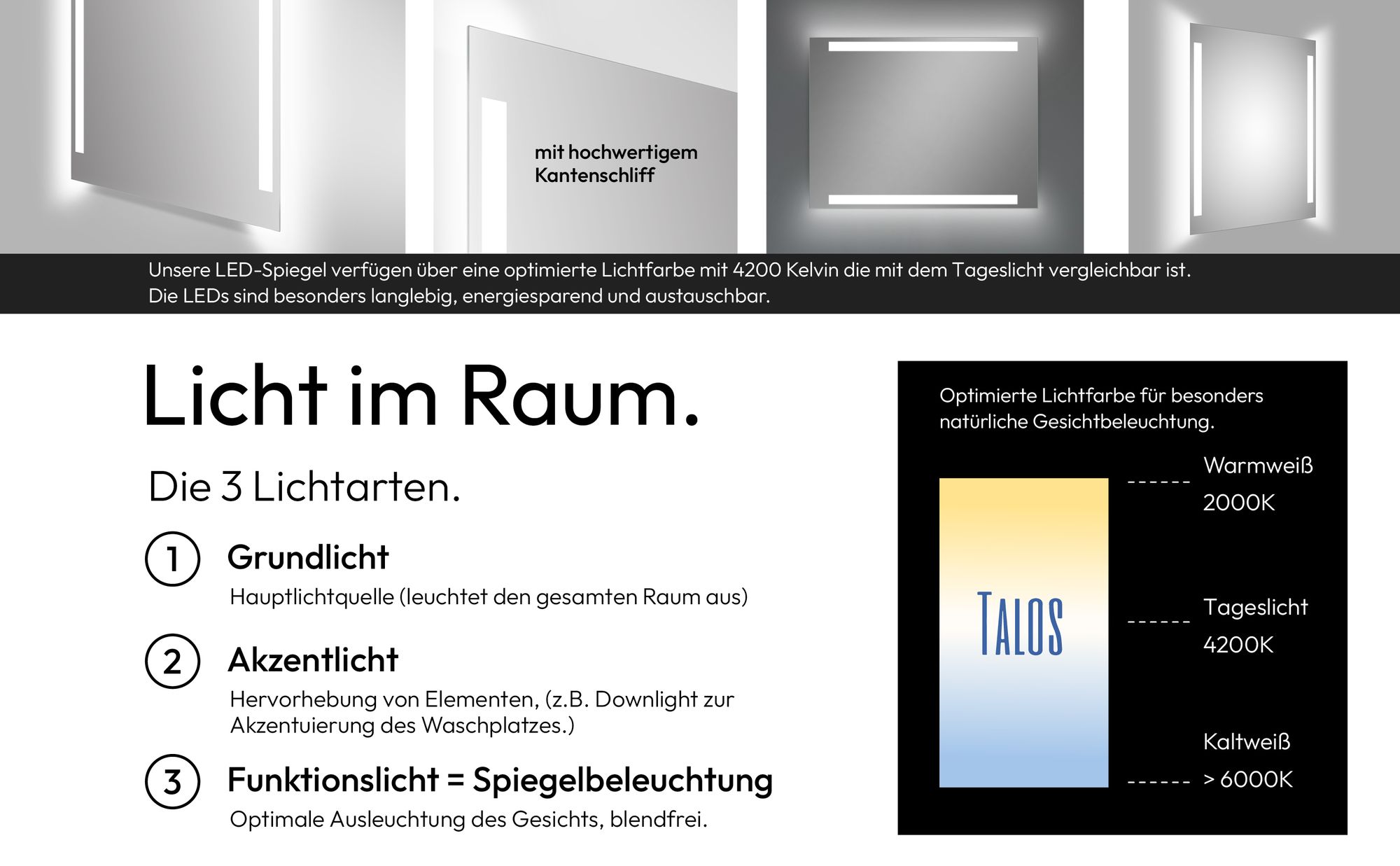 Badspiegel mit Beleuchtung TALOS LED Badspiegel mit Beleuchtung 80 x  60 cm - feuchtraumgeeignet durch Aluminiumrahmen - Licht neutralweiß