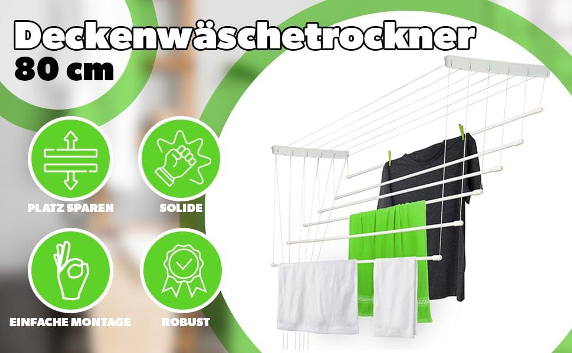 KADAX Deckenwäschetrockner "Torp", Deckentrockner Traglast 12kg, 6 Stäbe, 80 cm, Weiß