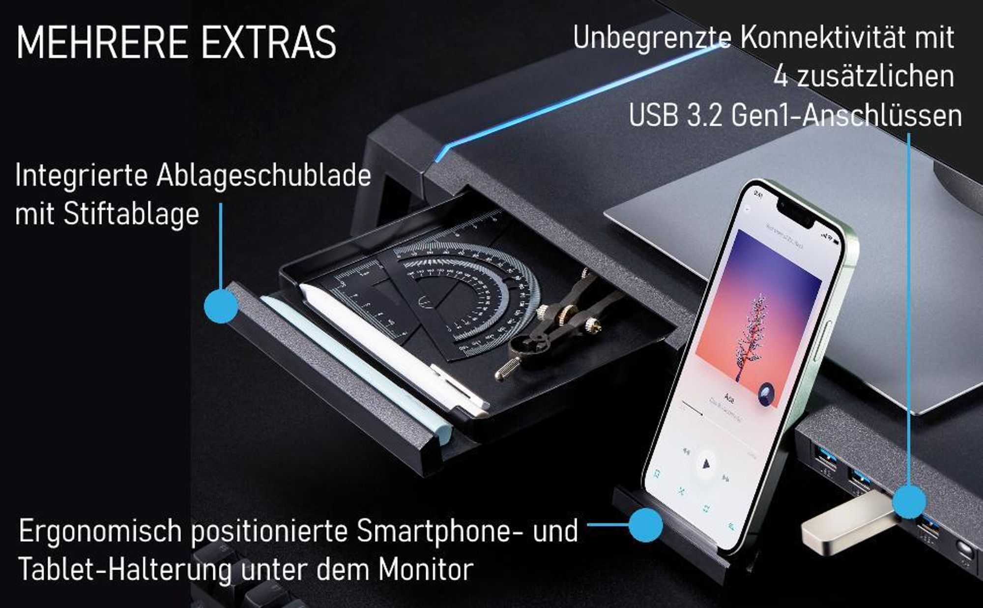 Monitorständer, Monitorerhöhung, Bildschirmerhöhung, Laptopständer, Bildschirmerhöhung mit Smartphone-Halter, mit Ablagefach und 4 USB Anschlüsse