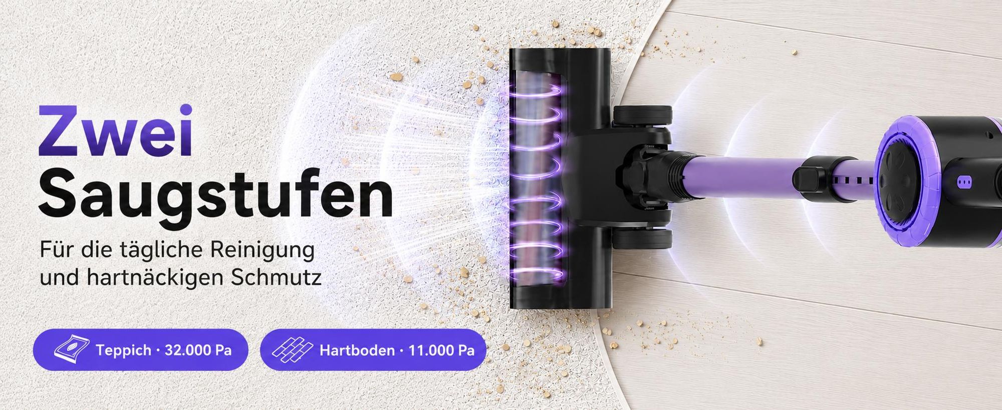 Akku Staubsauger, 500W/32000 Pa Staubsauger kabellos mit HEPA ,45 Min, kabelloser Staubsauger,Anti-Tangle-Staubsauger, Handstaubsauger für Tierhaare