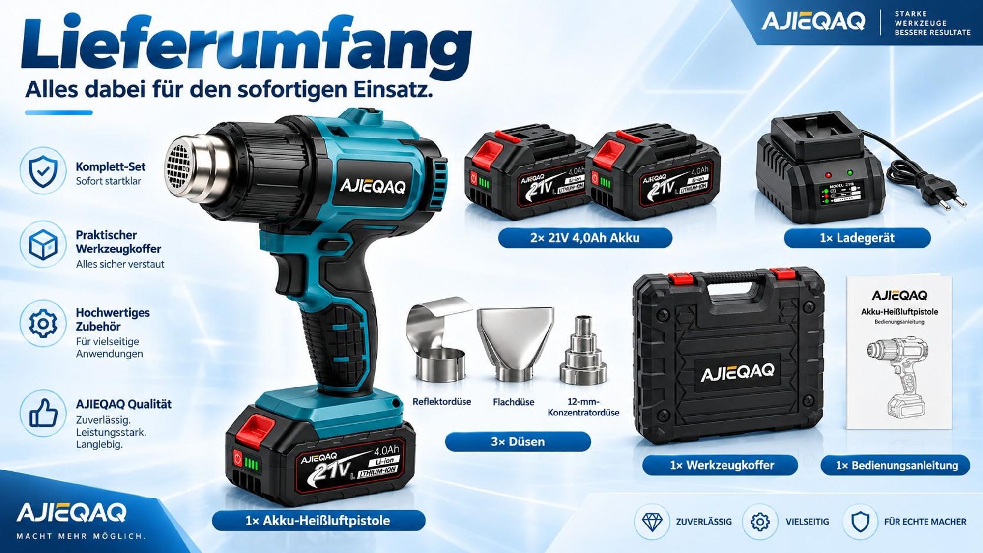 Akku-Heißluftpistole 21V, 500W Heißluftgebläse, 300/550°C, 250/500 L/min, 2×4,0Ah Akkus, 3 Düsen, Koffer