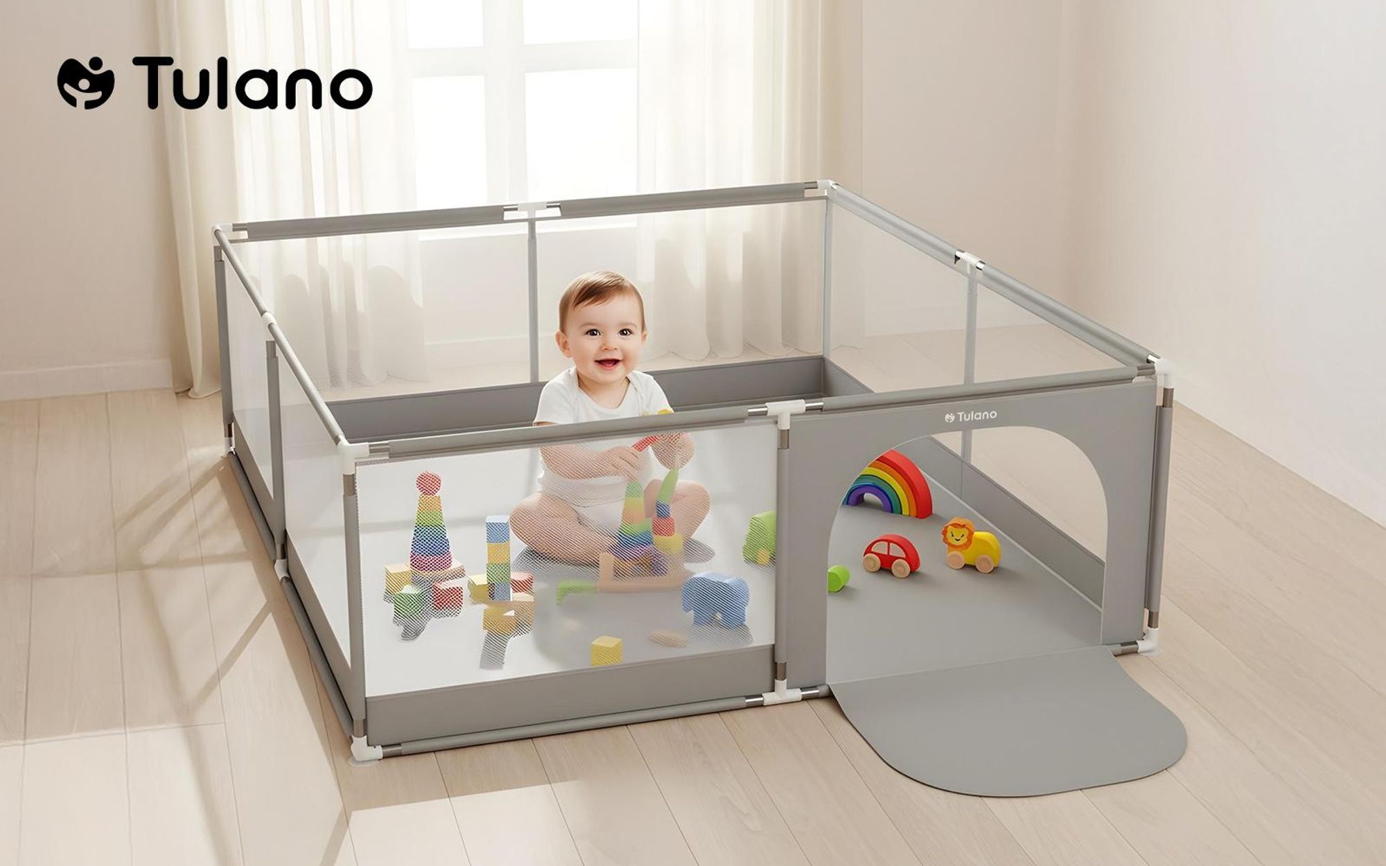 TULANO Cozy 28 | Laufgitter für Baby Kleinkinder Krabbelgitter Laufstall | Indoor Outdoor | Reißverschluss | Atmungsaktivem Netz | 180x200cm | Grau