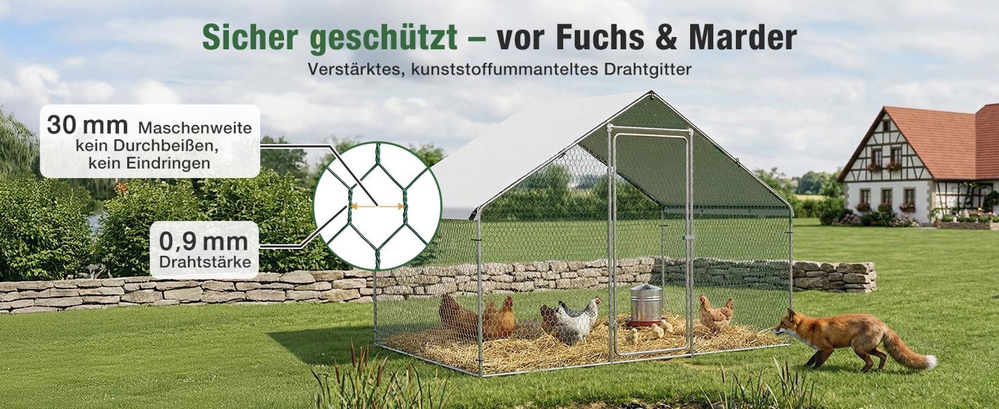 Sekey Hühnerstall Winterfest für 10 Hühner XXL Freilaufgehege Kleintierstall Voliere 2x3x2m Hühnerstall für 6 Hühner Kleintiere Schloss Freigehege
