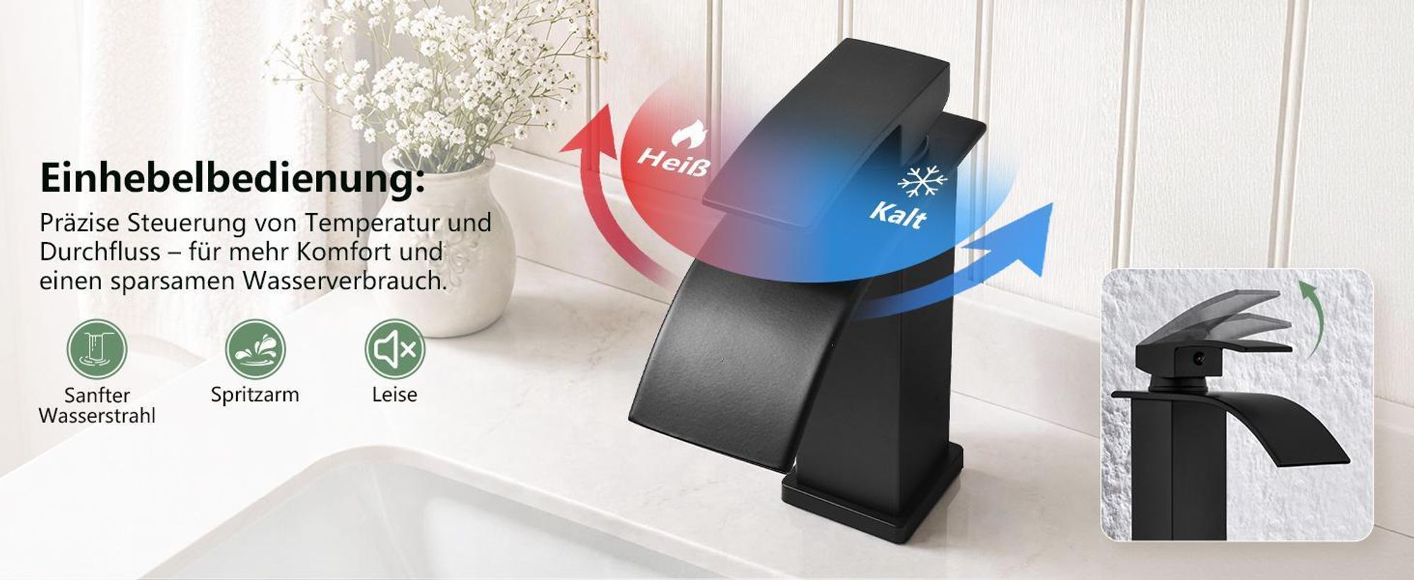 Homelody Wasserhahn Bad mit Pop-Up Ventil Messing Ablaufgarnitur,Schwarz Waschtischarmatur Wasserfall,Waschbecken Armaturen fur waschbecken,Edelstahl