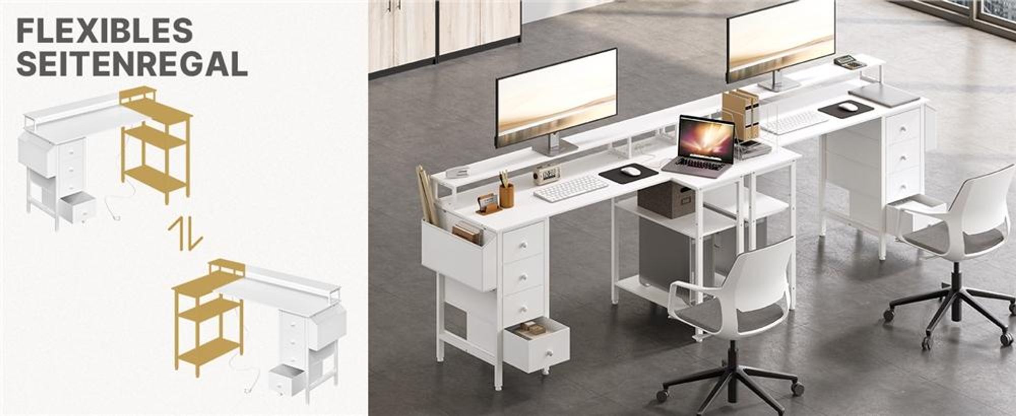 Yaheetech L-förmiger Computertisch, Schreibtisch mit Ladestation, umkehrbarer Gaming-Tisch, mit Monitorhalterung & Aufbewahrungstasche, Weiß