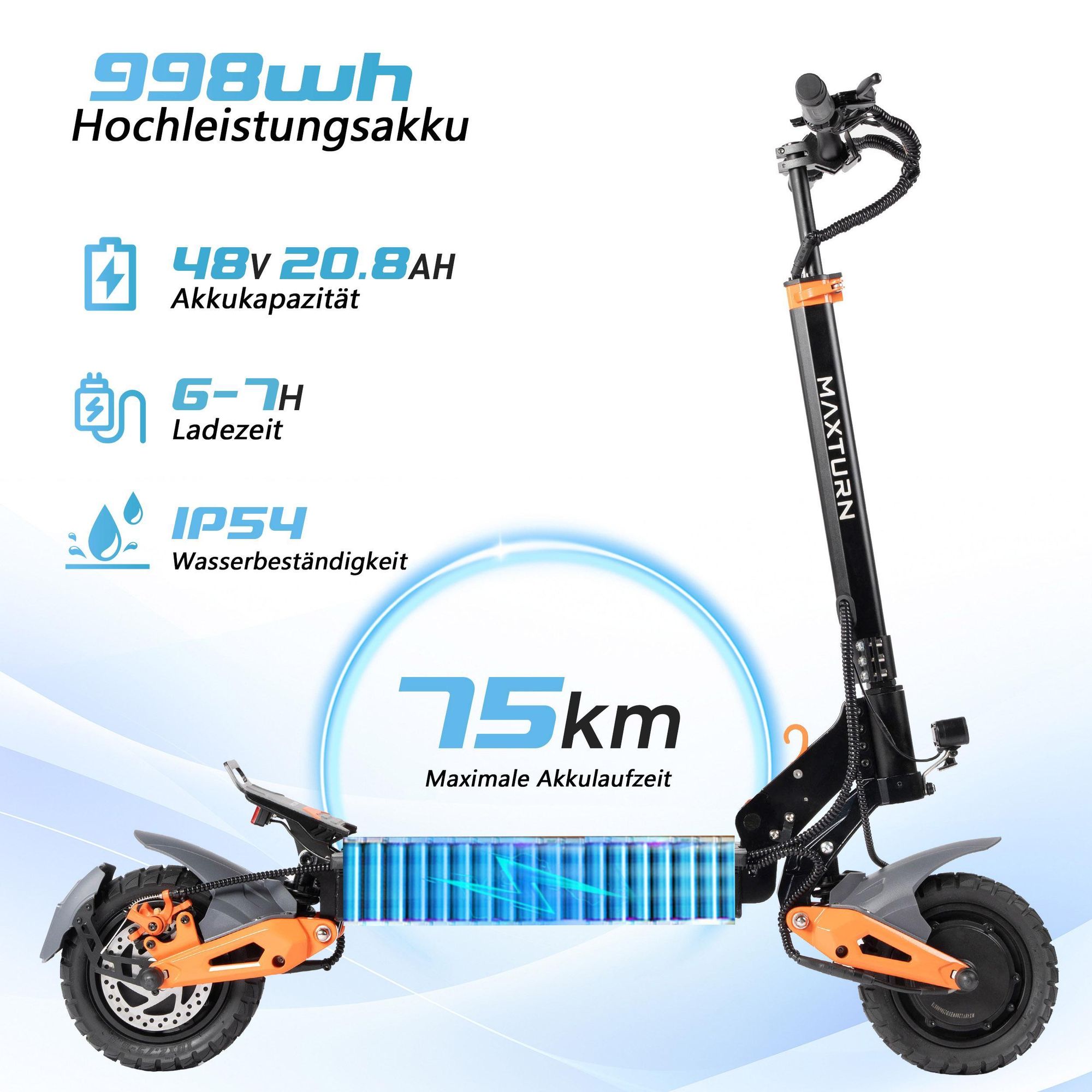MAXTURN X1 Ultra - 48V20.8Ah 10'' E-Scooter Elektroroller Aluminiumrahmen - Schwarz