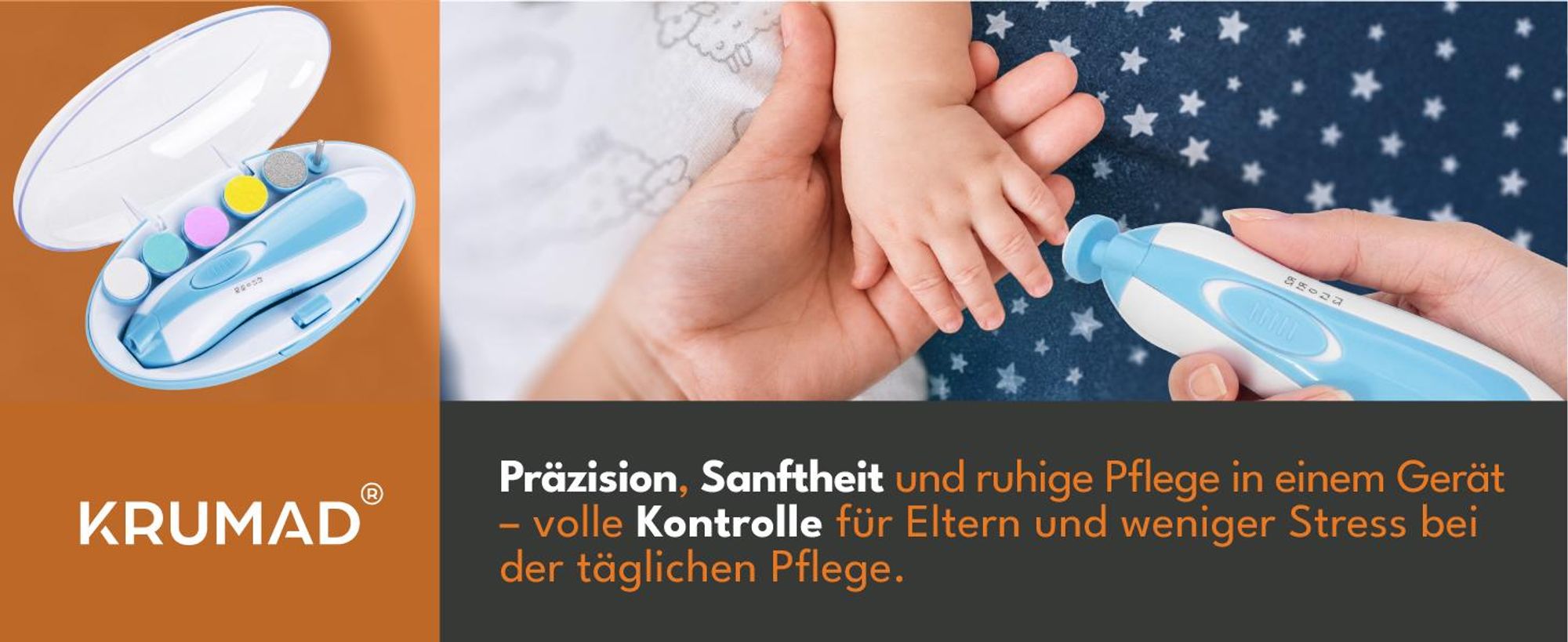 KRUMAD Elektrische Baby Nagelfeile 6in1, Baby Nagelpflege Set mit Verstellbarer Geschwindigkeit für Neugeborene
