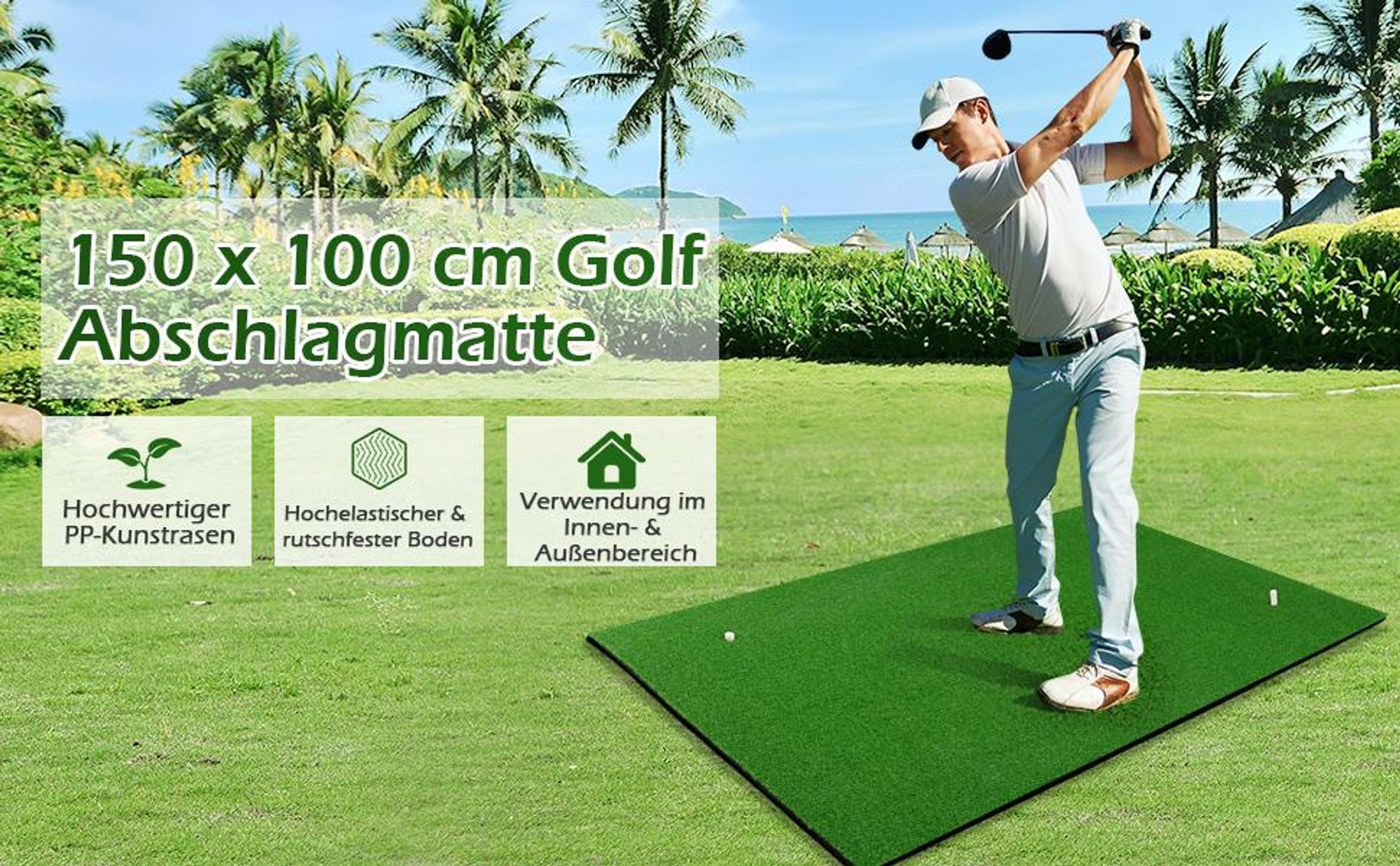 COSTWAY 150x100cm Golf Abschlagmatte, Golf Übungsmatte inkl. 3 Gummi-Tees, Golf Schlagmatte, Putting-Matte, Abschlagmatte für Indoor & Outdoor, Grün