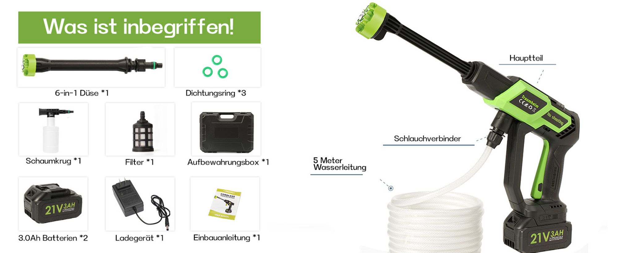 Akku Hochdruckreiniger mit 2 x 3000mAh Akkus, Tragbarer Hochdruckreiniger mit 3 Gang Einstellbar, KFZ-Reiniger - Für Auto Gärten Terrasse Zaun