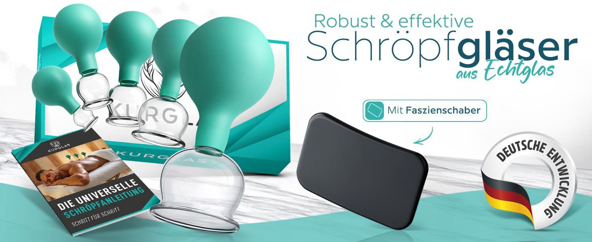 KURGLAS Schröpfgläser aus Echtglas [5 Stück] – Medizinisches Schröpfen mit Saugball & Faszienschaber – Schröpfen mit starker Saugleistung – mit e-Book