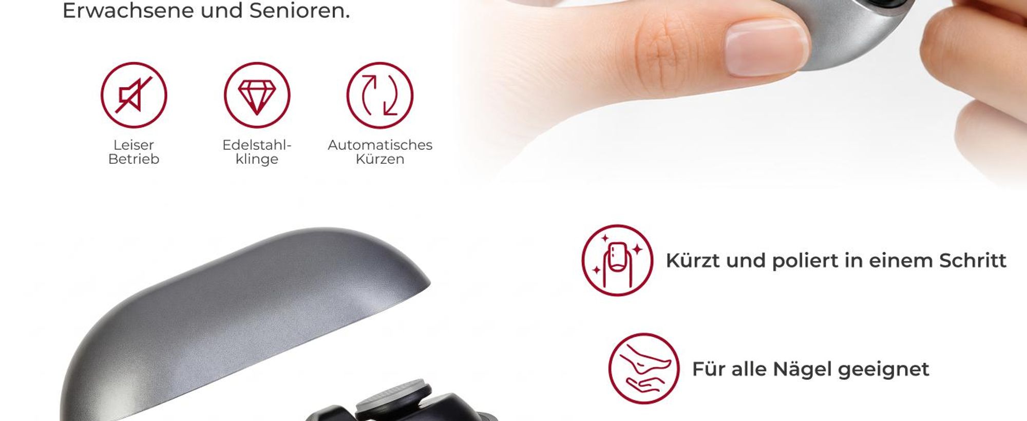 Glissimo 3in1 Elektrischer Nagelknipser mit Fräser für Finger und Zehen mit Polieraufsätzen sicher für Babys Kinder und Erwachsene
