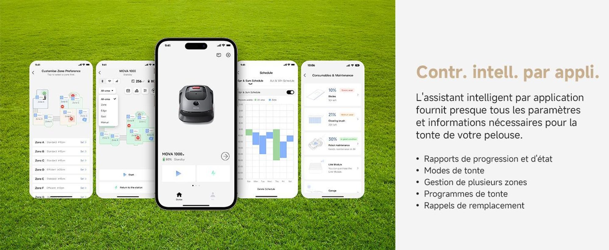 MOVA 1000 Robot Tondeuse 3D-LiDAR jusqu'à 1000 m², installation sans fil, évitement intelligent, App contrôle, roues tout-terrain, coupe en U