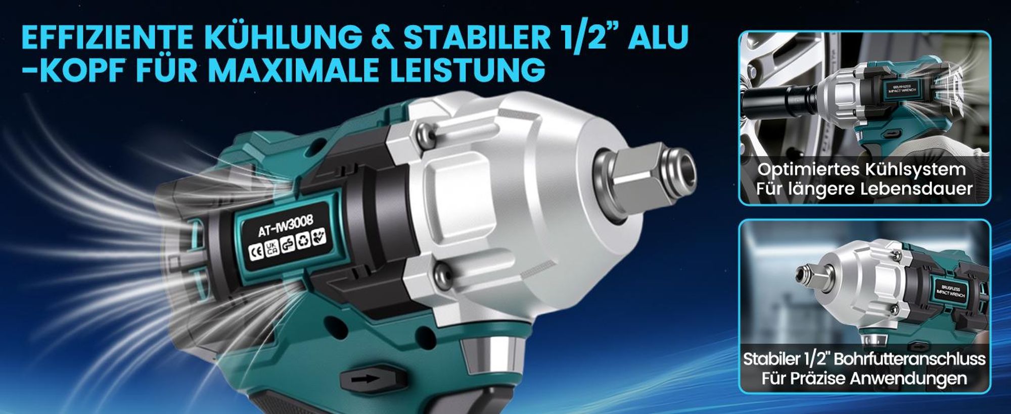Akku Schlagschrauber 800 Nm 1/2" Bürstenloser Schlagschrauber 3200 U/min mit 2 × 4,0 Ah Akkus, Koffer, 5 Stecknüsse