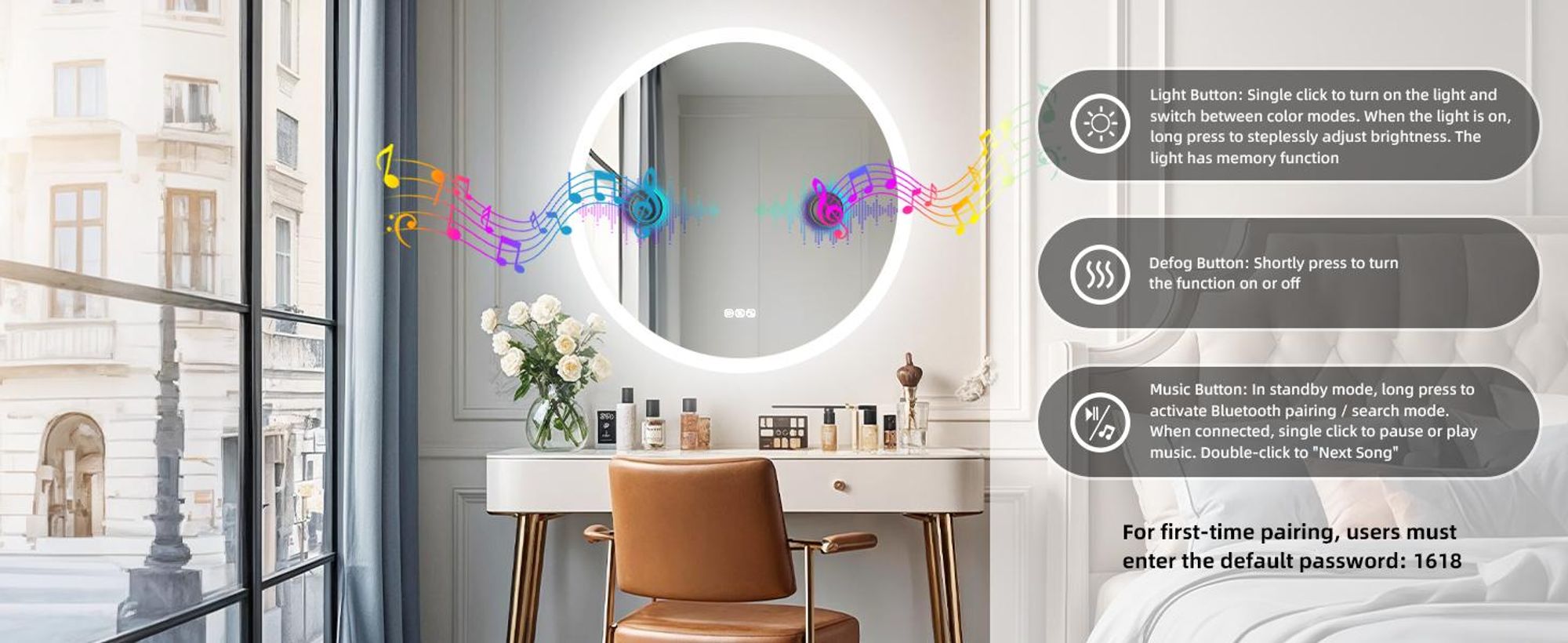 WISFOR LED Badspiegel mit Bluetooth Lautsprecher, 80×80cm Badezimmerspiegel mit Beleuchtung 3 Lichtfarbe, LED Wandspiegel dimmbar beschlagfrei, Touchs