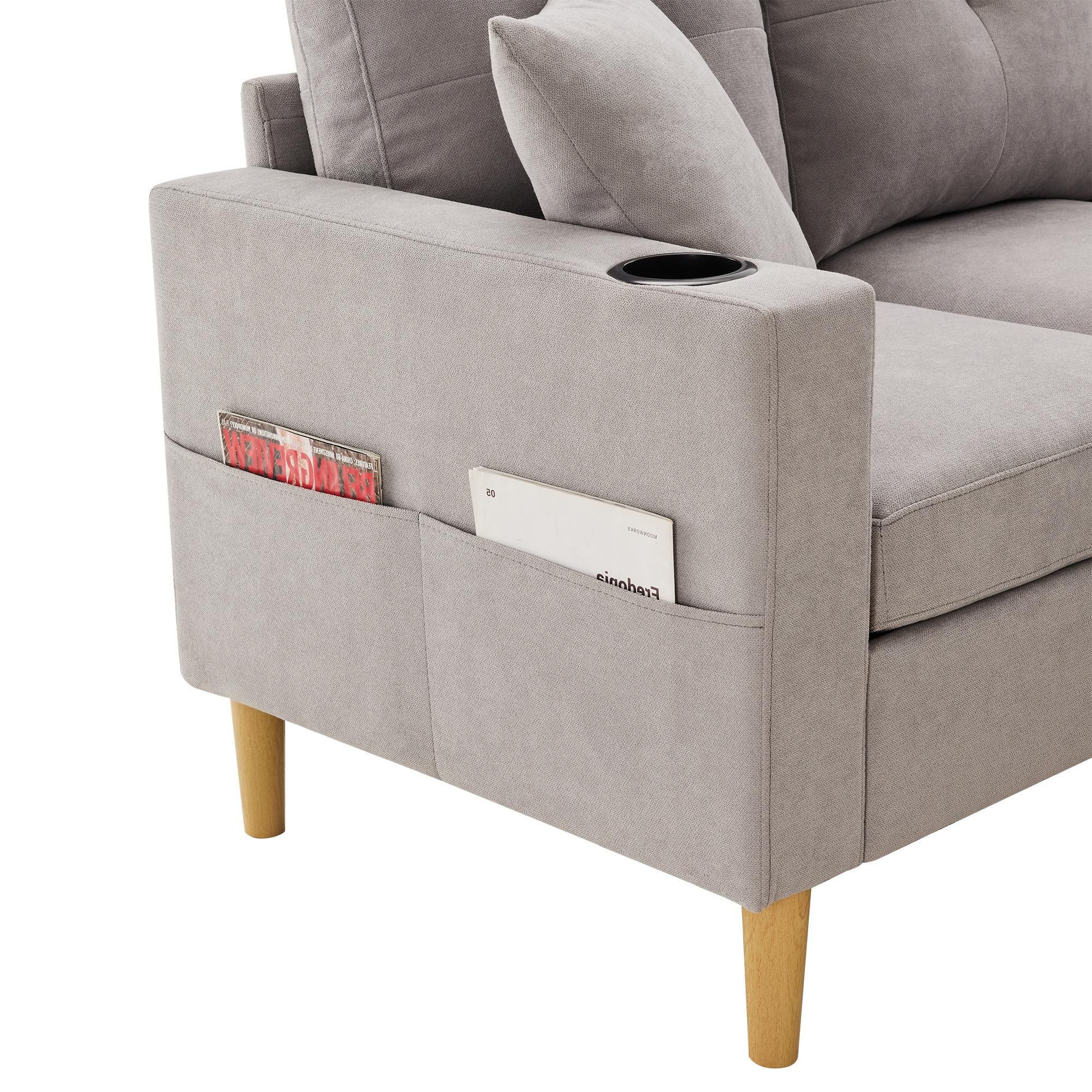 Merax Ecksofa, L-Form Sofa mit Bettkasten, Getränkehalter, 2 Kissen geliefert, Wohnzimmersofa, Couch, Couchgarnitur, Leinen, Hellgrau