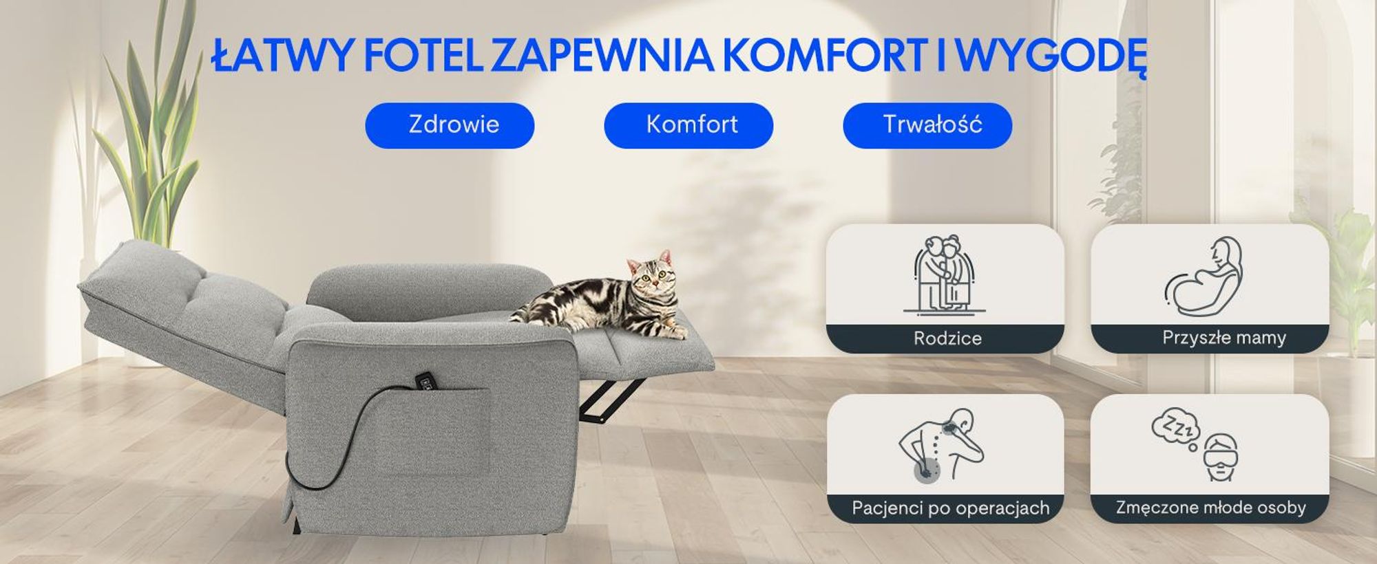 FLEXISPOT Elektryczny fotel relaksacyjny z funkcją leżenia 105°–155°, ergonomiczny fotel z podnóżkiem, fotel TV do 200 kg, jasnoszary