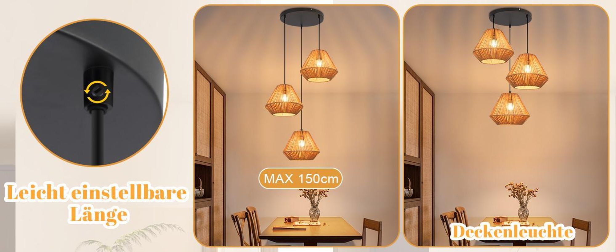 ZMH lampy wiszące boho lampa wisząca rattanowa lampa wisząca jadalnia 3 płomienie lampa stołowa retro z gniazdem E27 do salonu / bez żarówki