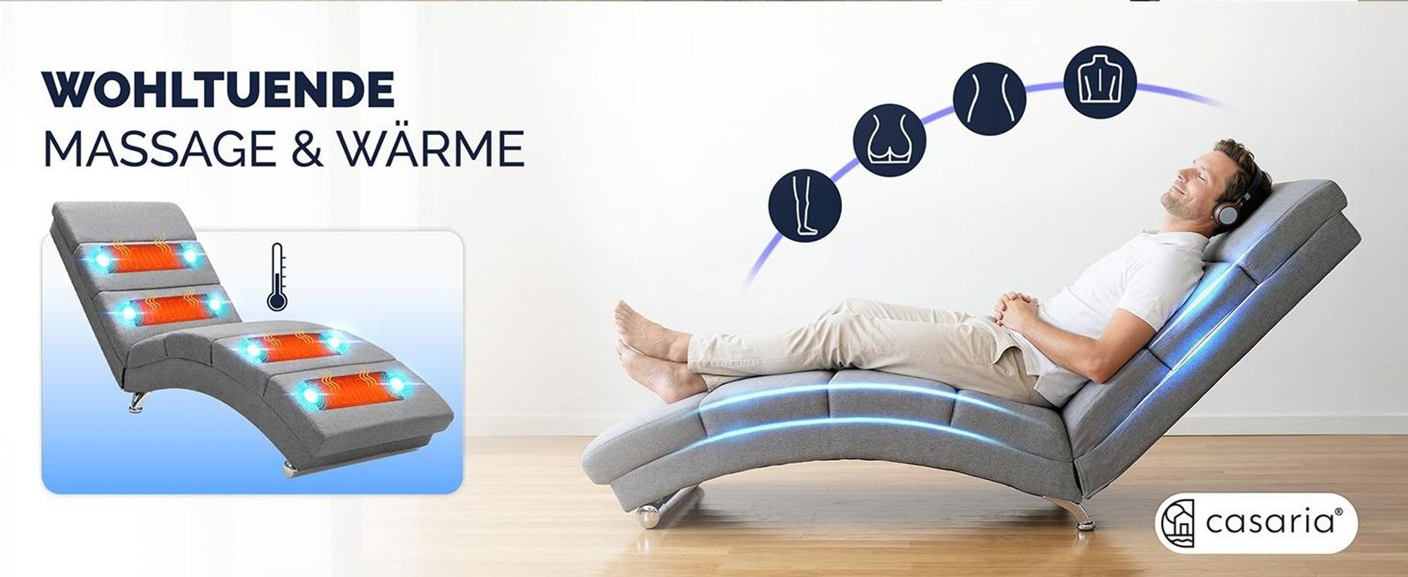 CASARIA® Relaxliege XXL Massage Heizfunktion 186x89x55cm Ergonomisch Stoff Gepolstert 180kg Belastbarkeit Wohnzimmer Innen Chaiselongue Relaxsessel Grau