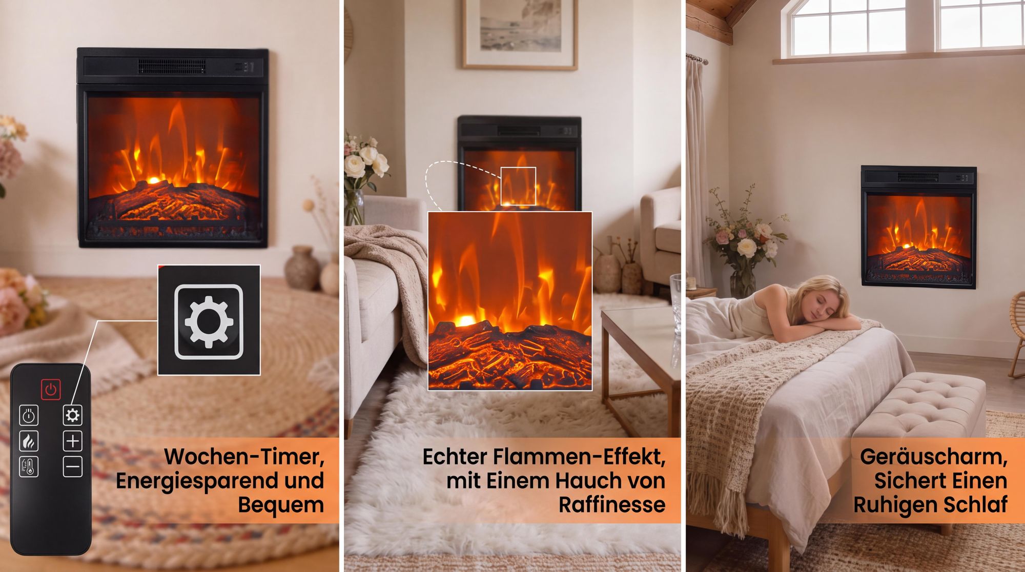 Parrot Uncle Elektrischer Kamin, 48.7cm, Schwarz, Einbau-Design, 1800W Heizung, Realistische Flammenoptik, Wohnzimmer & Schlafzimmer, Fernbedienung
