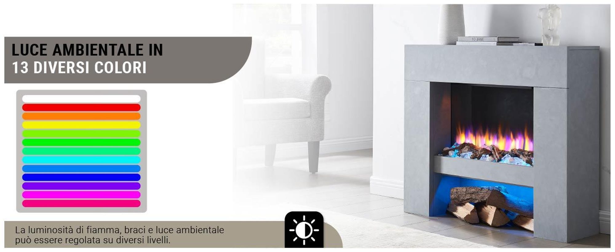 Caminetto elettrico BALDERIA Naran - Caminetto a libera installazione - Colore grigio cemento