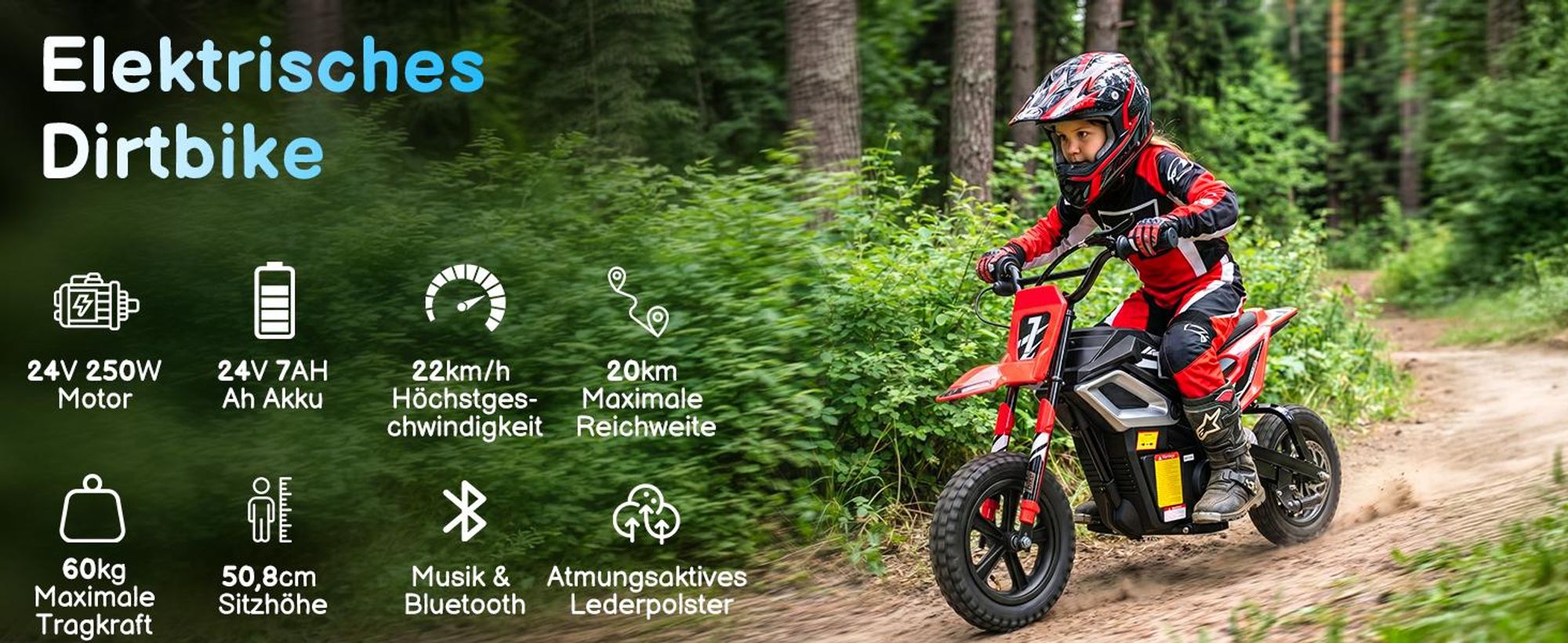 FCH Elektrisches Kindermotorrad, 24 V, 7 Ah, mit Ledersitz, rot