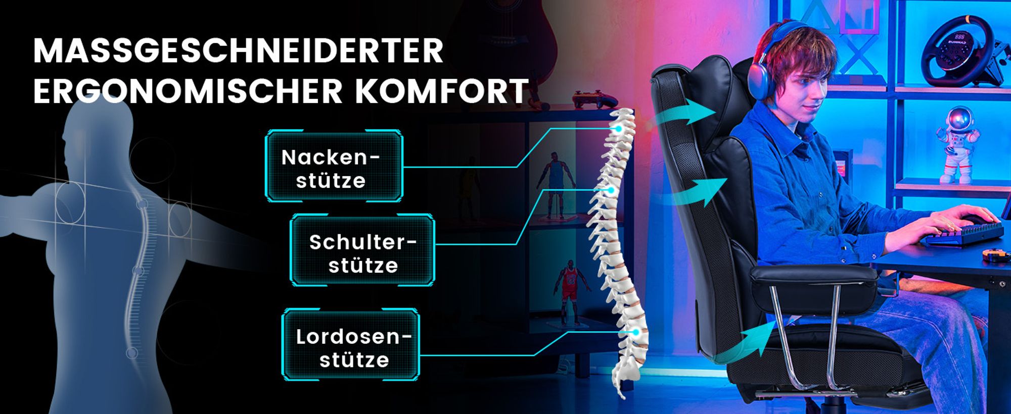 GTPLAYER Gaming Stuhl, Gamer Stuhl, Ergonomischer Bürostuhl mit Fußstütze verstellbare Lenden und Kopfkissen, Gaming Chair Gepolstert, Gaming Sessel
