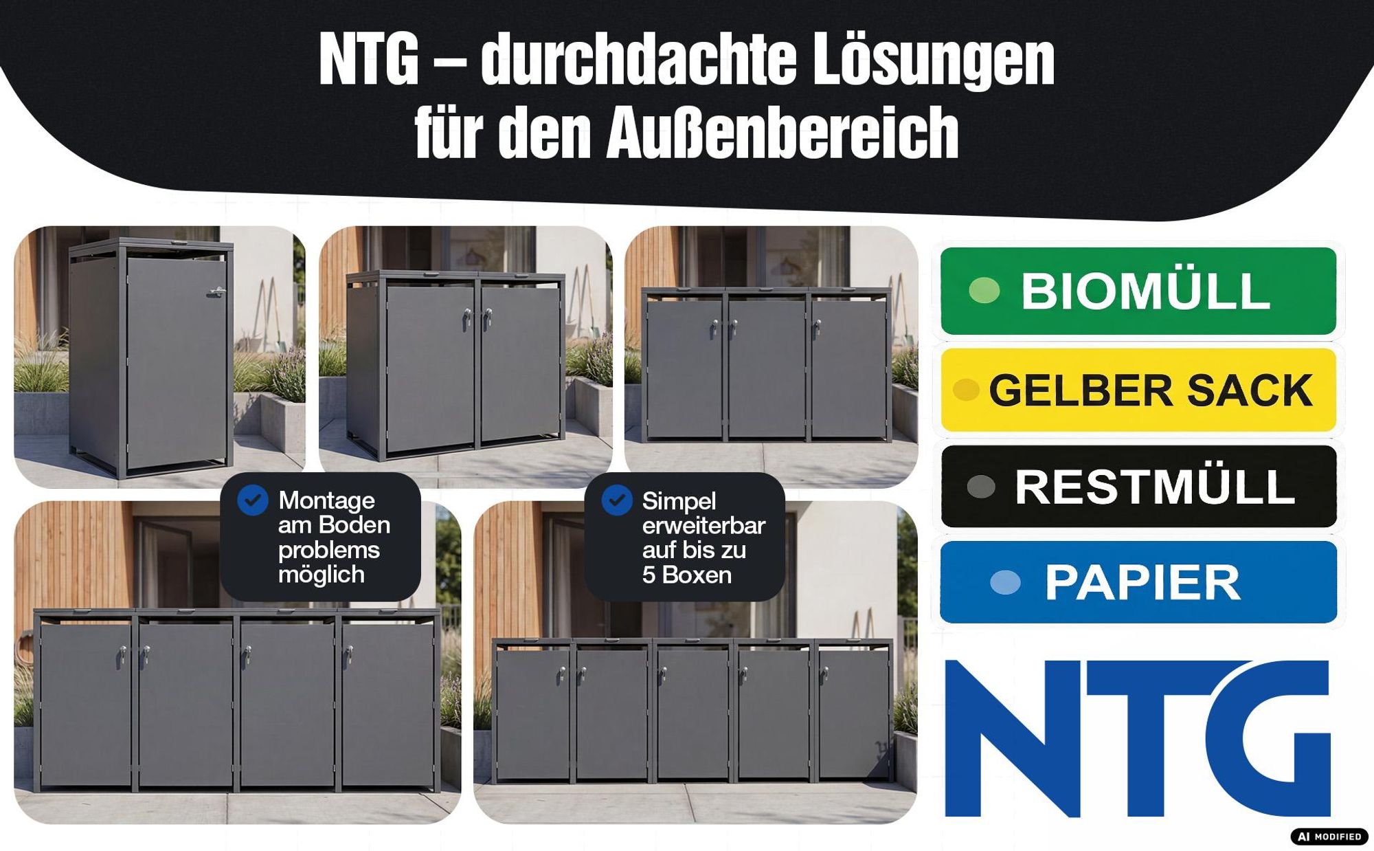 5x Mülltonnenbox 240L Anthrazit – Mülltonnenverkleidung / Mülltonnenhaus aus verzinktem Stahl mit Soft-Close Deckel, Schloss & Belüftung