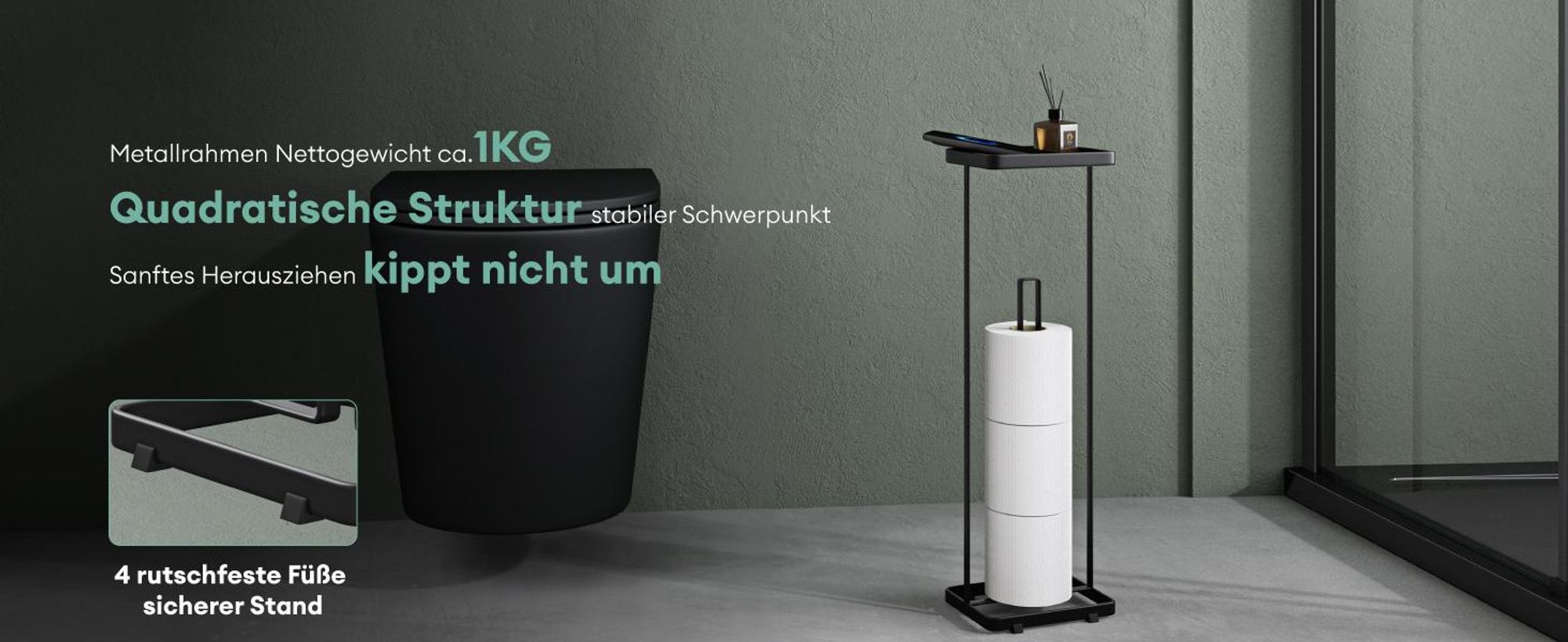 Mai & Mai Toilettenpapierhalter stehend mit Ablage Klorollenhalter Klopapierhalter freistehend WC Rollenhalter Toilettenständer Matt schwarz Reglo-04