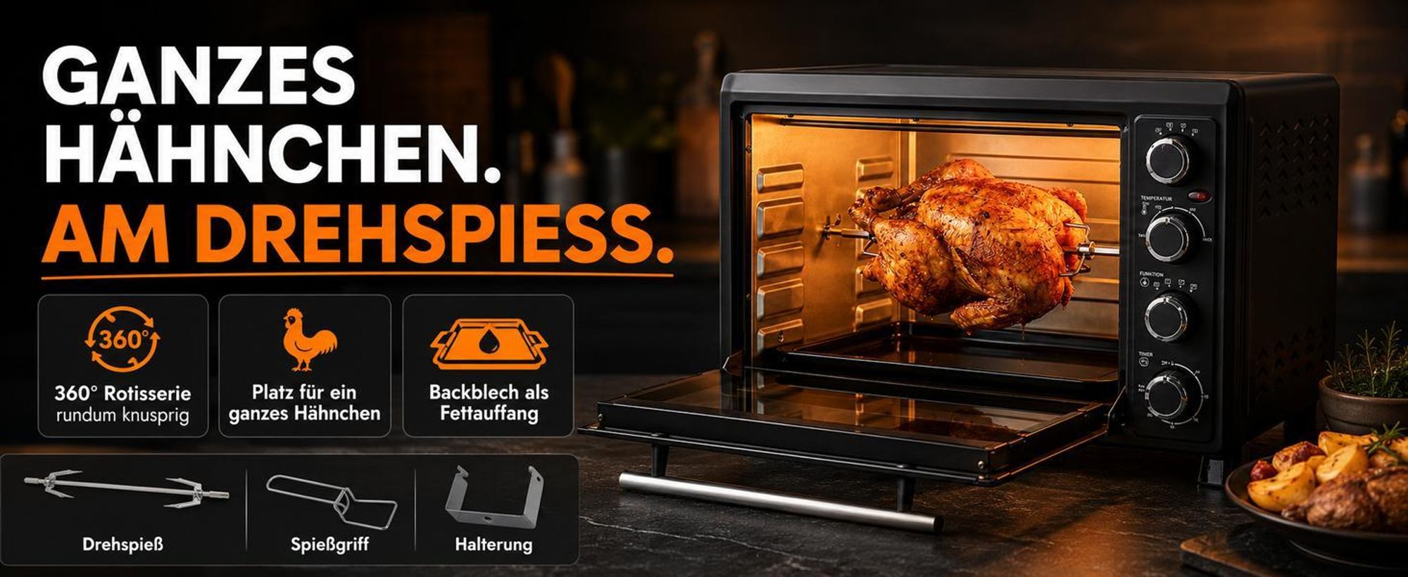 Sommertal Minibackofen 45L mit Drehspieß & Umluft, 2000W, Hähnchengrill, Backen, Grillen & Pizza, Mini Backofen 45 Liter, 60 Min Timer, inkl. Zubehör