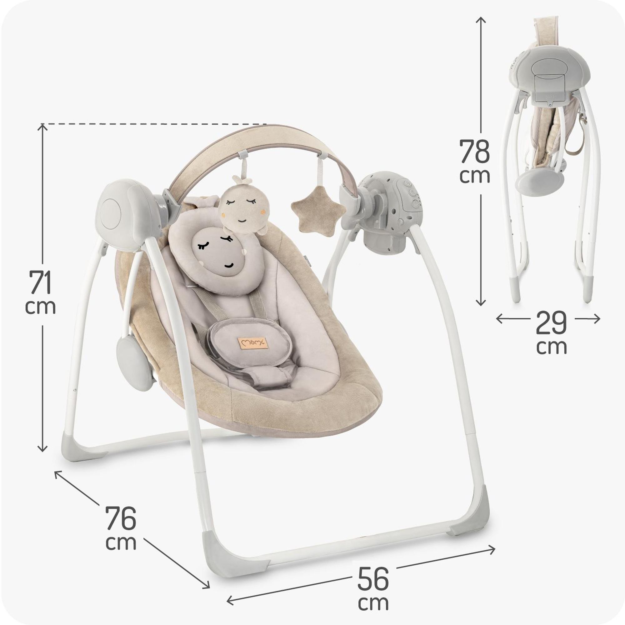 MoMi LISS – Elektrische Babywippe klappbar mit Timer, 5 Geschwindigkeiten, 6 Melodien & verstellbarem Spielbogen - Beige