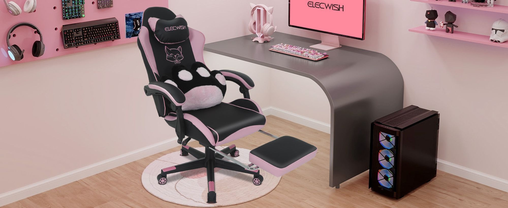 Puluomis Gaming Stuhl mit Fußstütze, Bürostuhl Chefsessel Schreibtischstuhl Racing Stuhl ergonomisch drehbar höhenverstellbar Katze Schwarz Pink