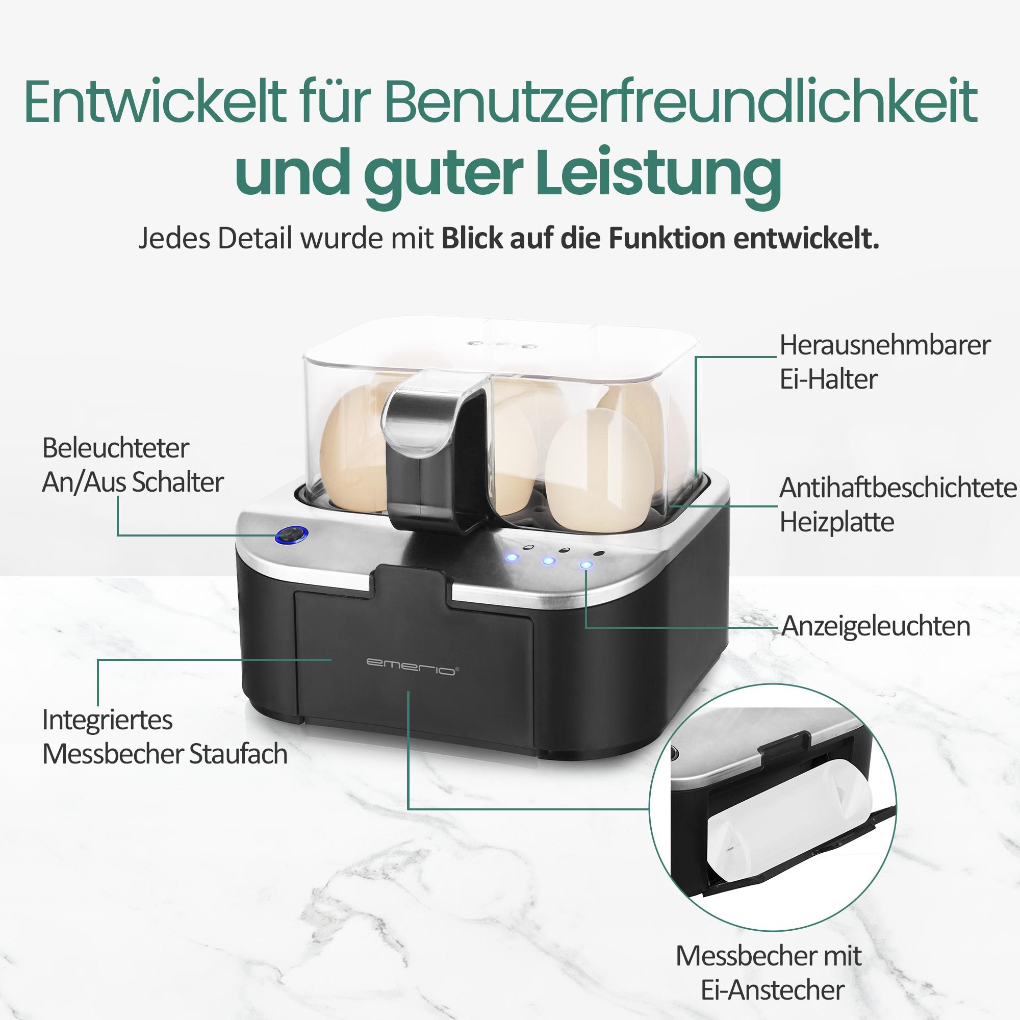 Emerio Smart Eierkocher - 6 Eier, 400W – Sprachansagen mehrsprachig (inkl. Deutsch) – weich/mittel/hart kochen – inklusive Messbecher - EB-123177.12