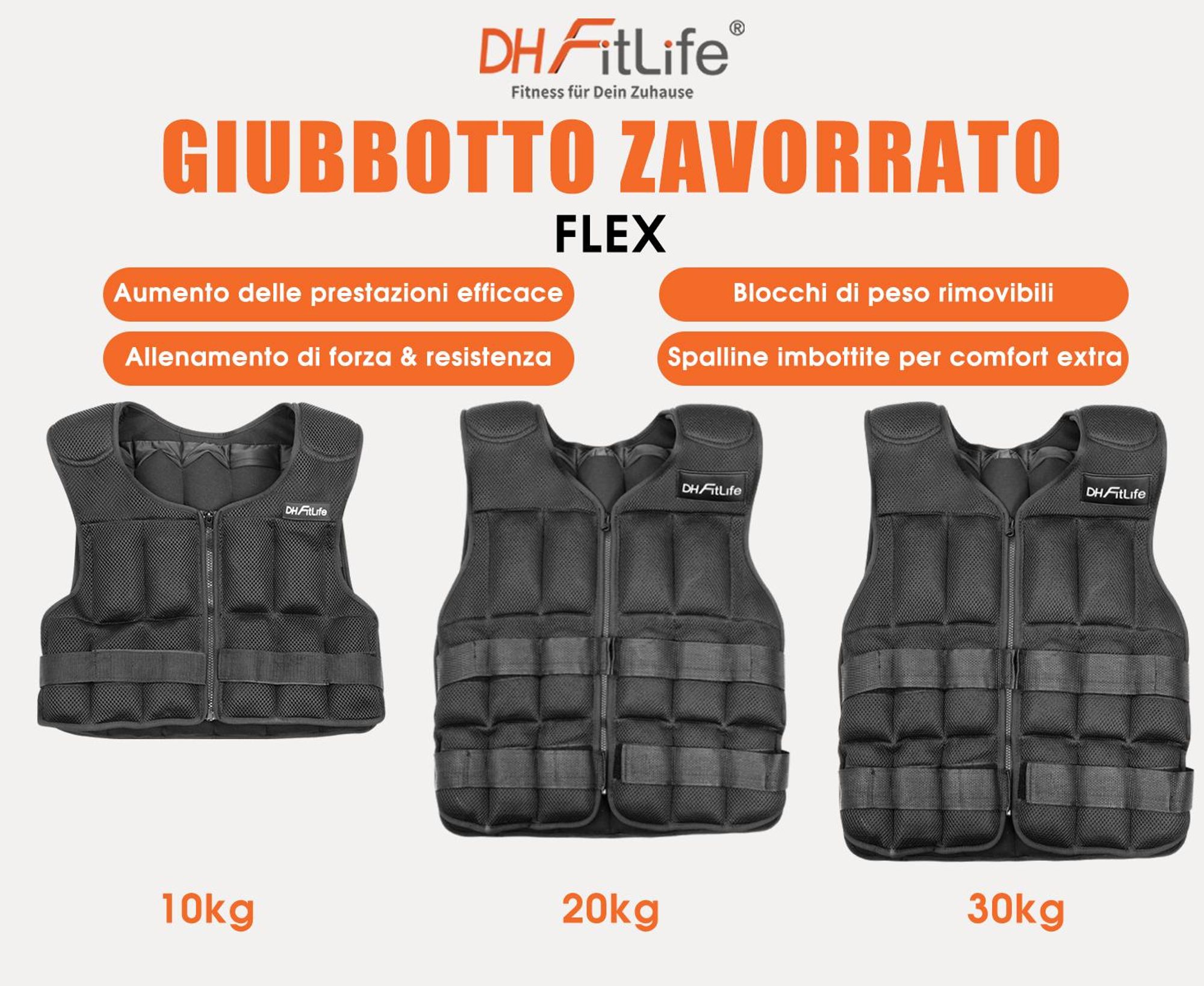 DH FitLife Giubbotto Zavorrato Regolabile 20 kg per Allenamento Crossfit, Corsa, Calisthenics, Gilet Pesi con Zip per Donna e Uomo